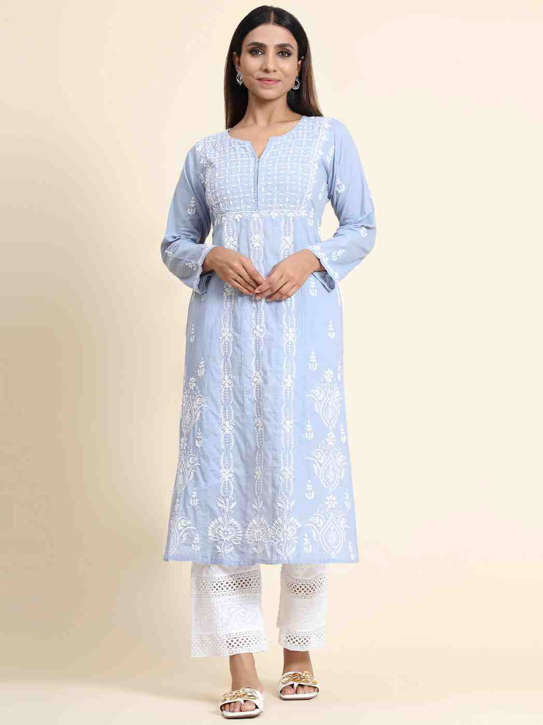 

HOUSE OF KARI Ethnic Motifs Embroidered Regular Cotton Kurta, Turquoise blue