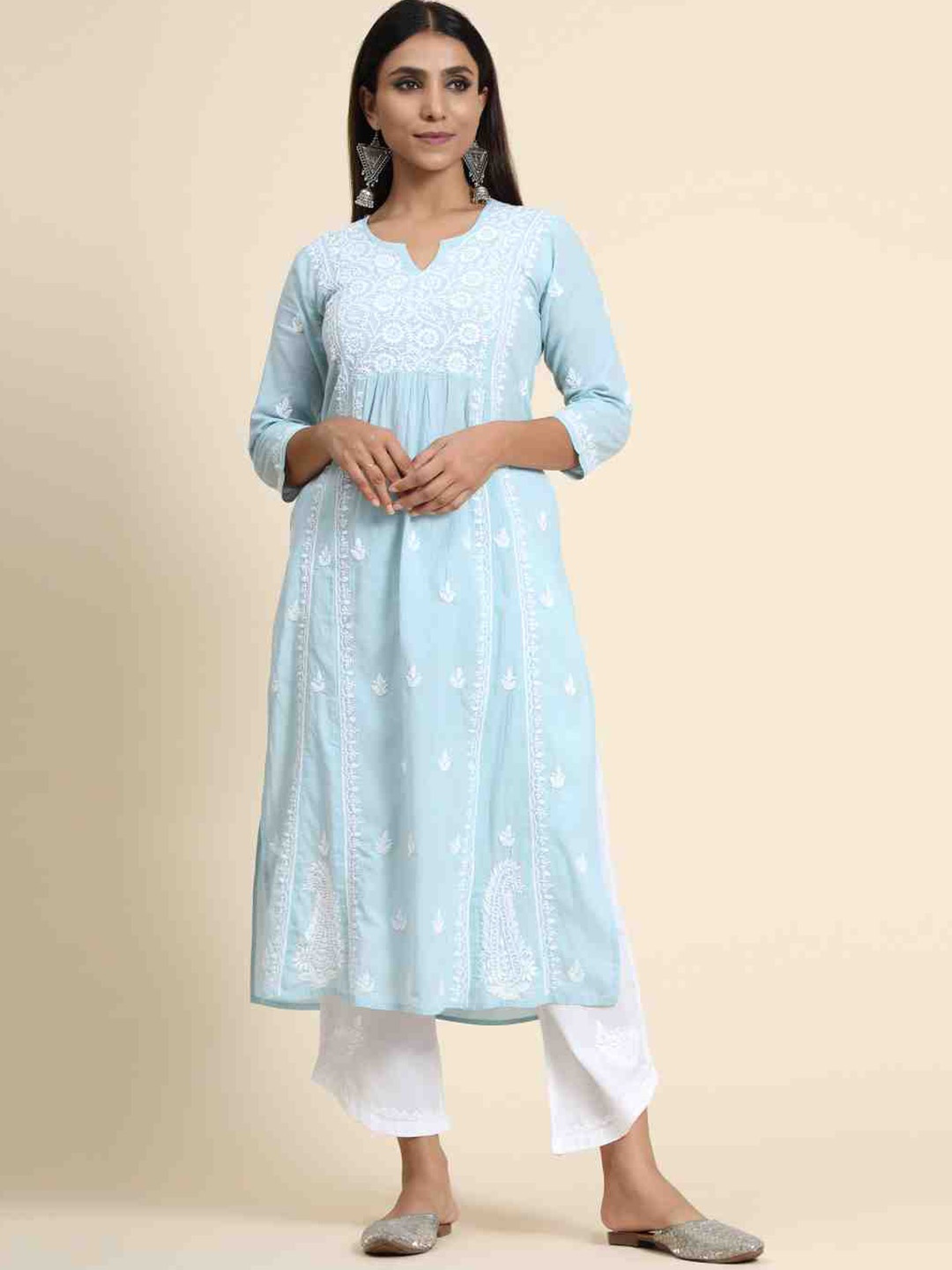 

HOUSE OF KARI Ethnic Motifs Embroidered Regular Cotton Kurta, Turquoise blue