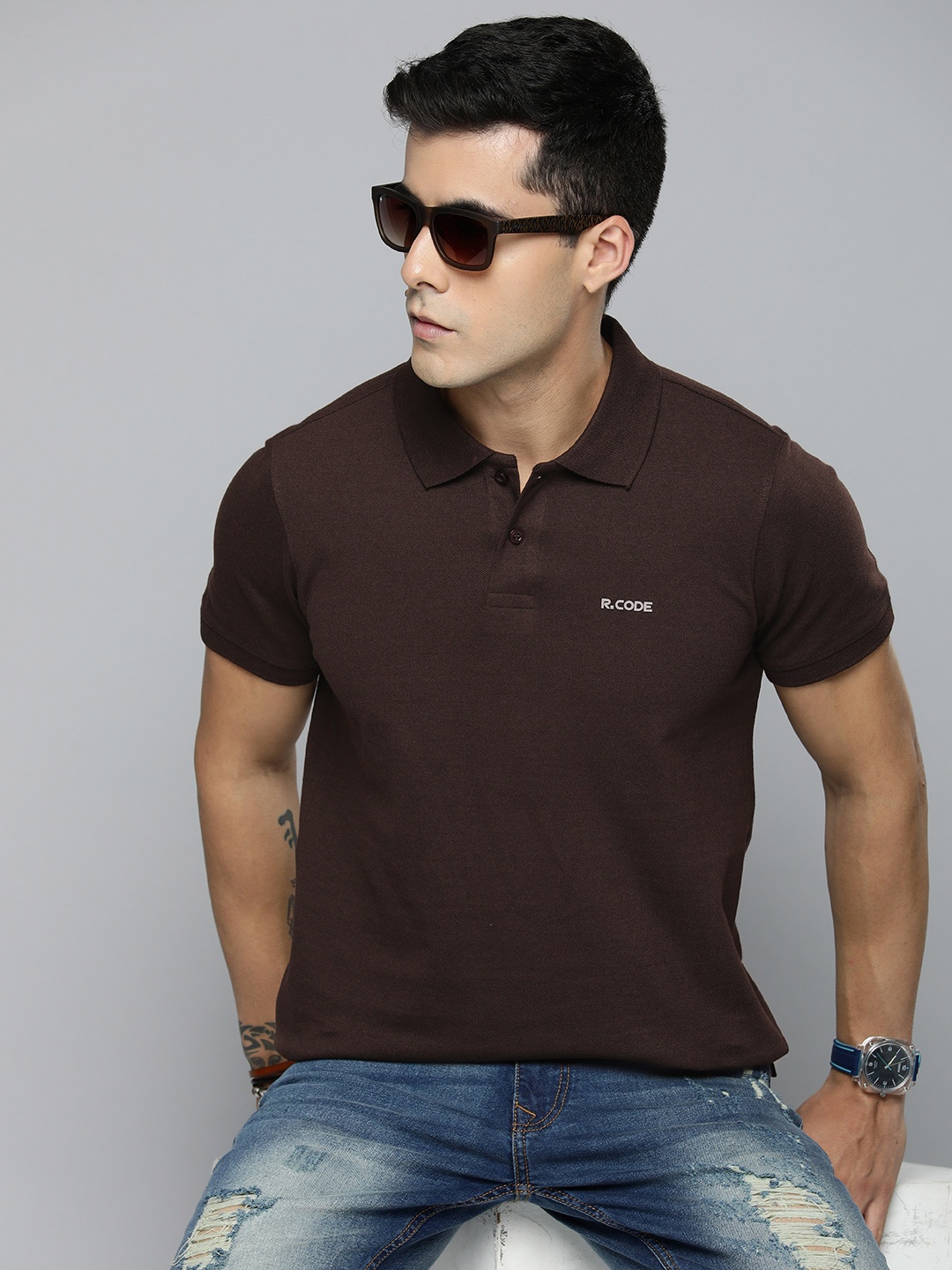 

R.Code by The Roadster Life Co. Men Solid Polo Collar T-shirt, Coffee brown