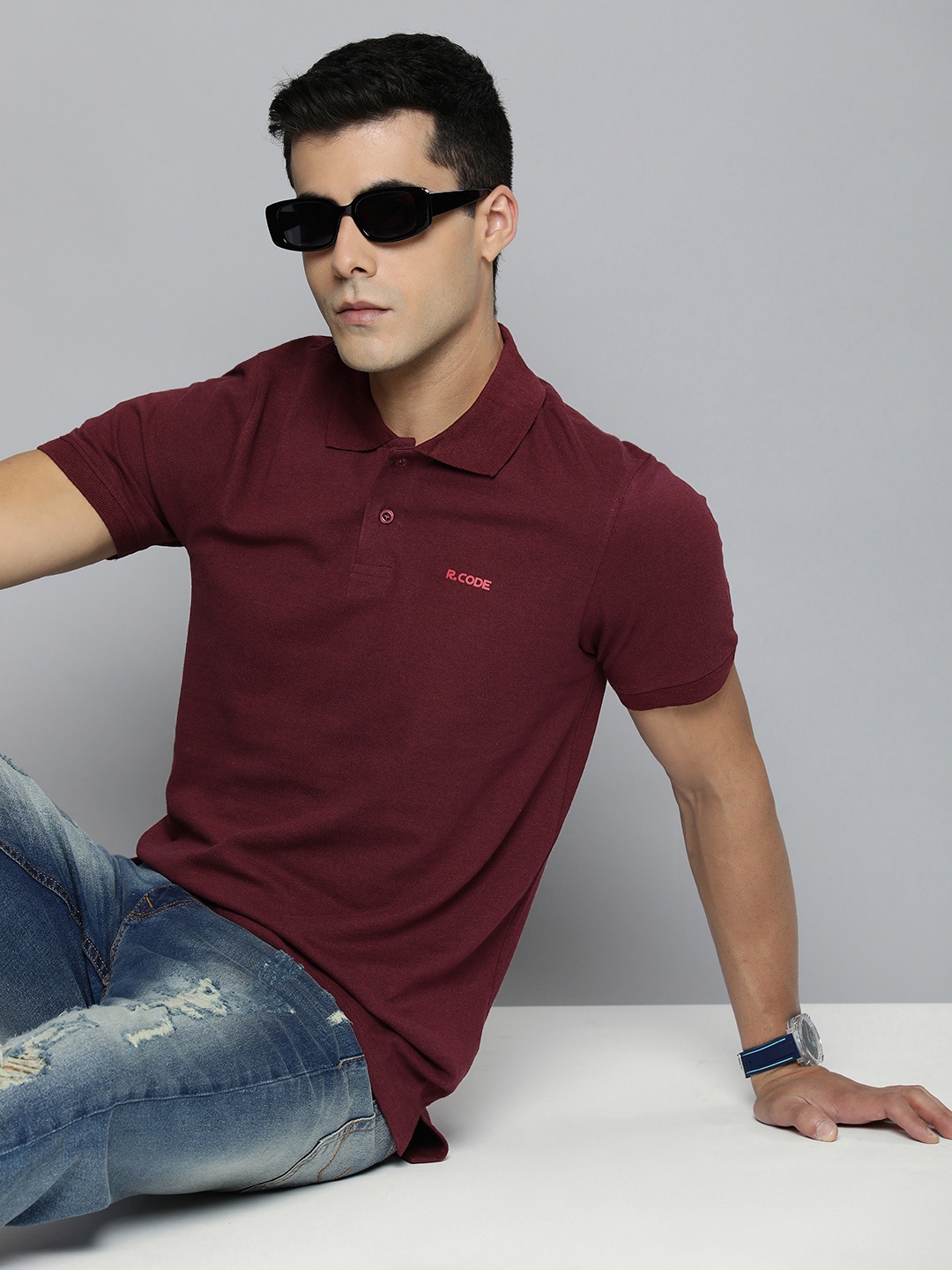 

R.Code by The Roadster Life Co. Men Solid Polo Collar T-shirt, Burgundy