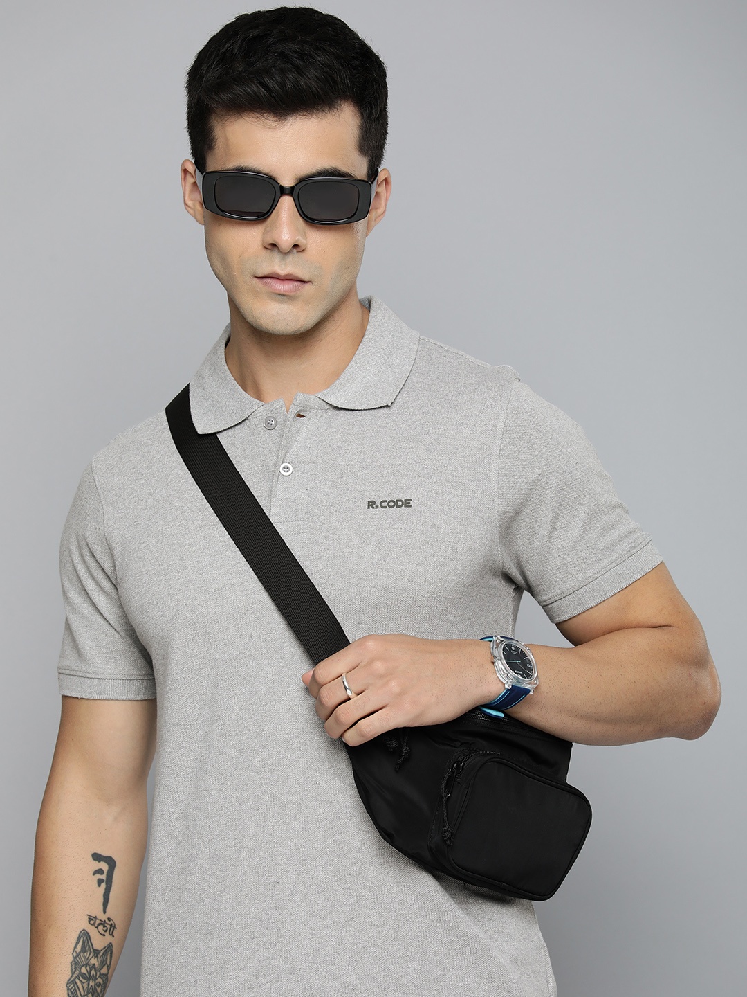 

R.Code by The Roadster Life Co. Men Solid Polo Collar T-shirt, Grey melange