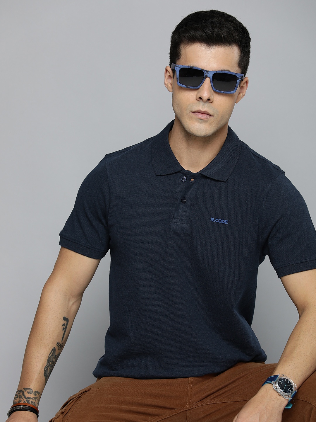 

R.Code by The Roadster Life Co. Men Solid Polo Collar T-shirt, Navy blue