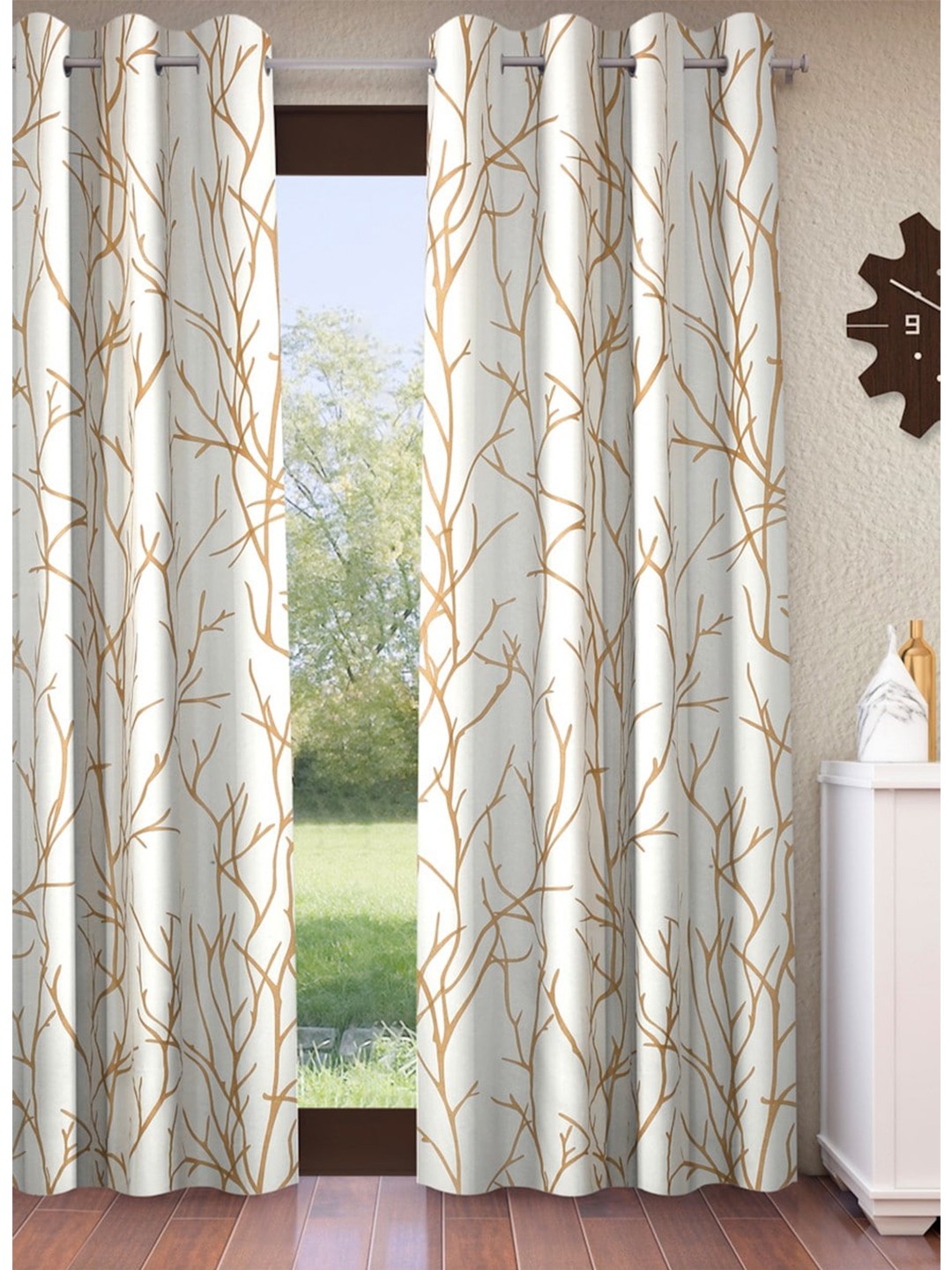 

Home Sizzler Gold-Toned & White Printed Cotton Room Darkening Door Curtain