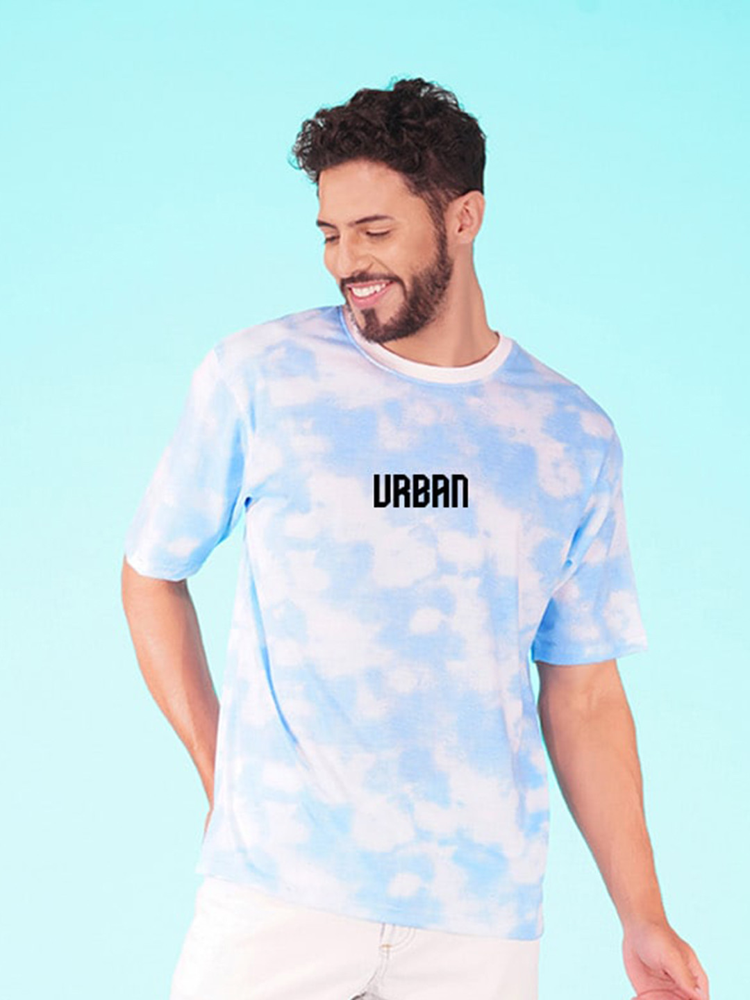 

NUSYL Tie and Dye Printed Round Neck Oversized T-shirt, Blue