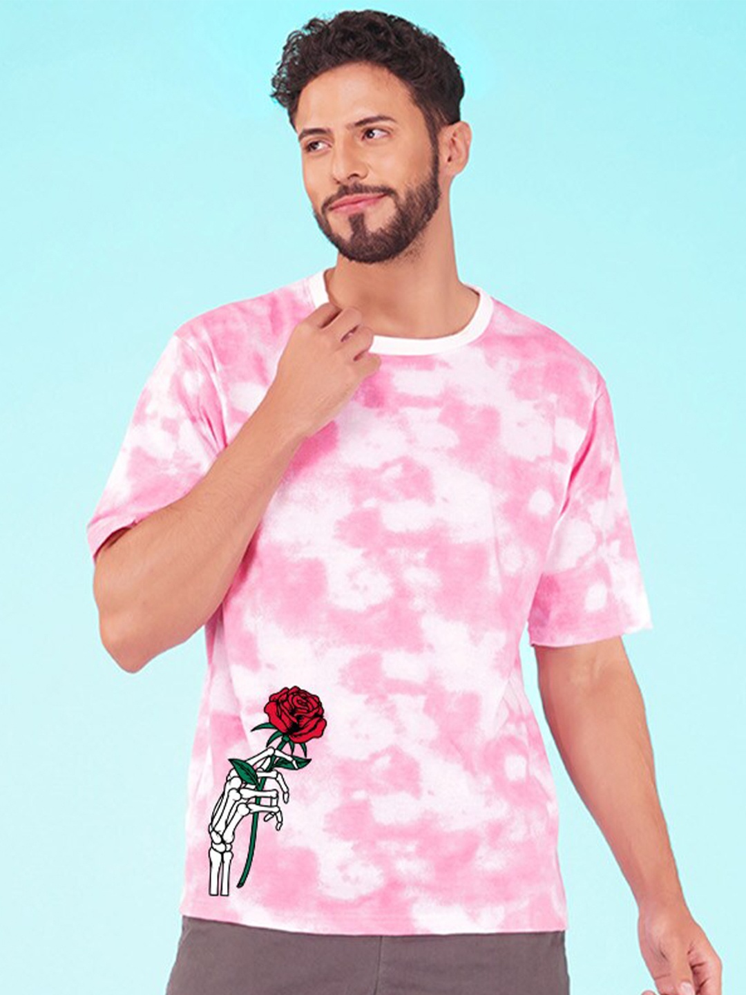 

NUSYL Tie and Dye Printed Round Neck Oversized T-shirt, Pink