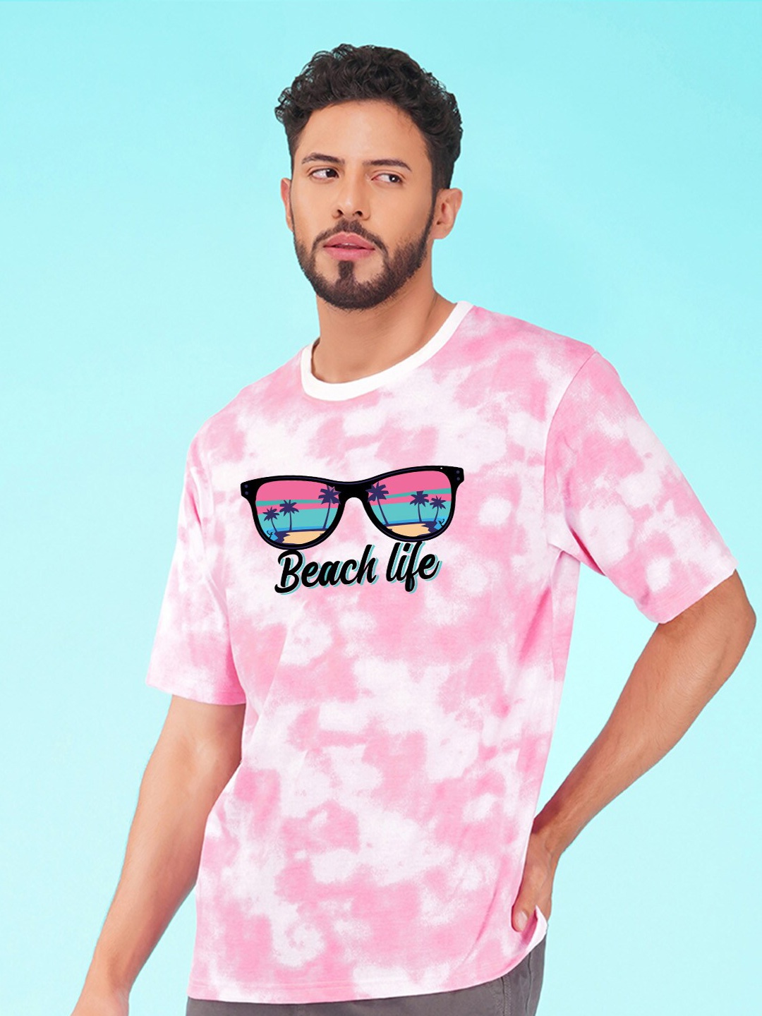 

NUSYL Tie Dye Dyed Round Neck Casual Oversized T-shirt, Pink