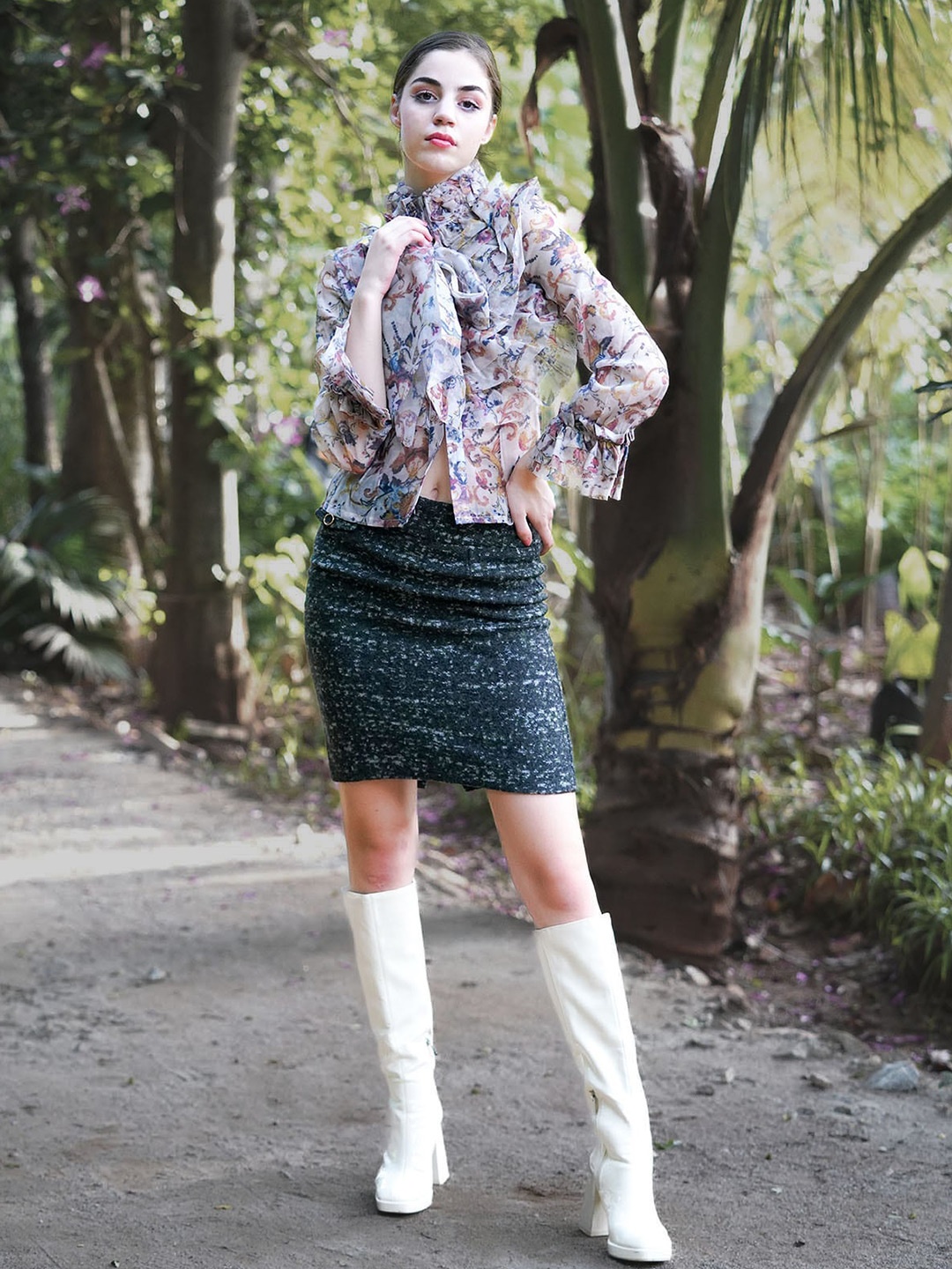 

ODETTE Floral Printed High Neck Bell Sleeves Ruffle Detailed Top, Beige