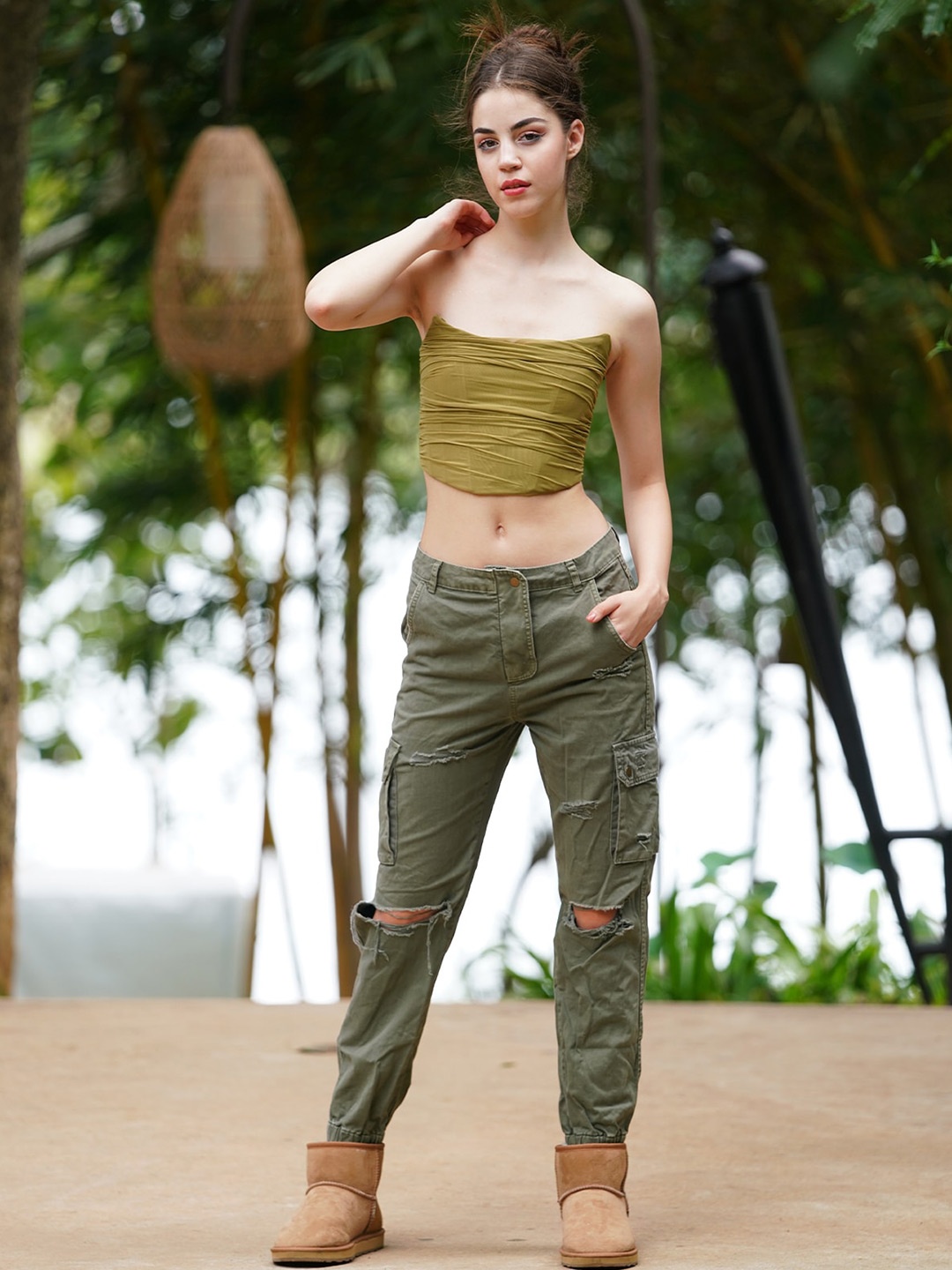 

ODETTE Ruched Cotton Tube Crop Top, Green