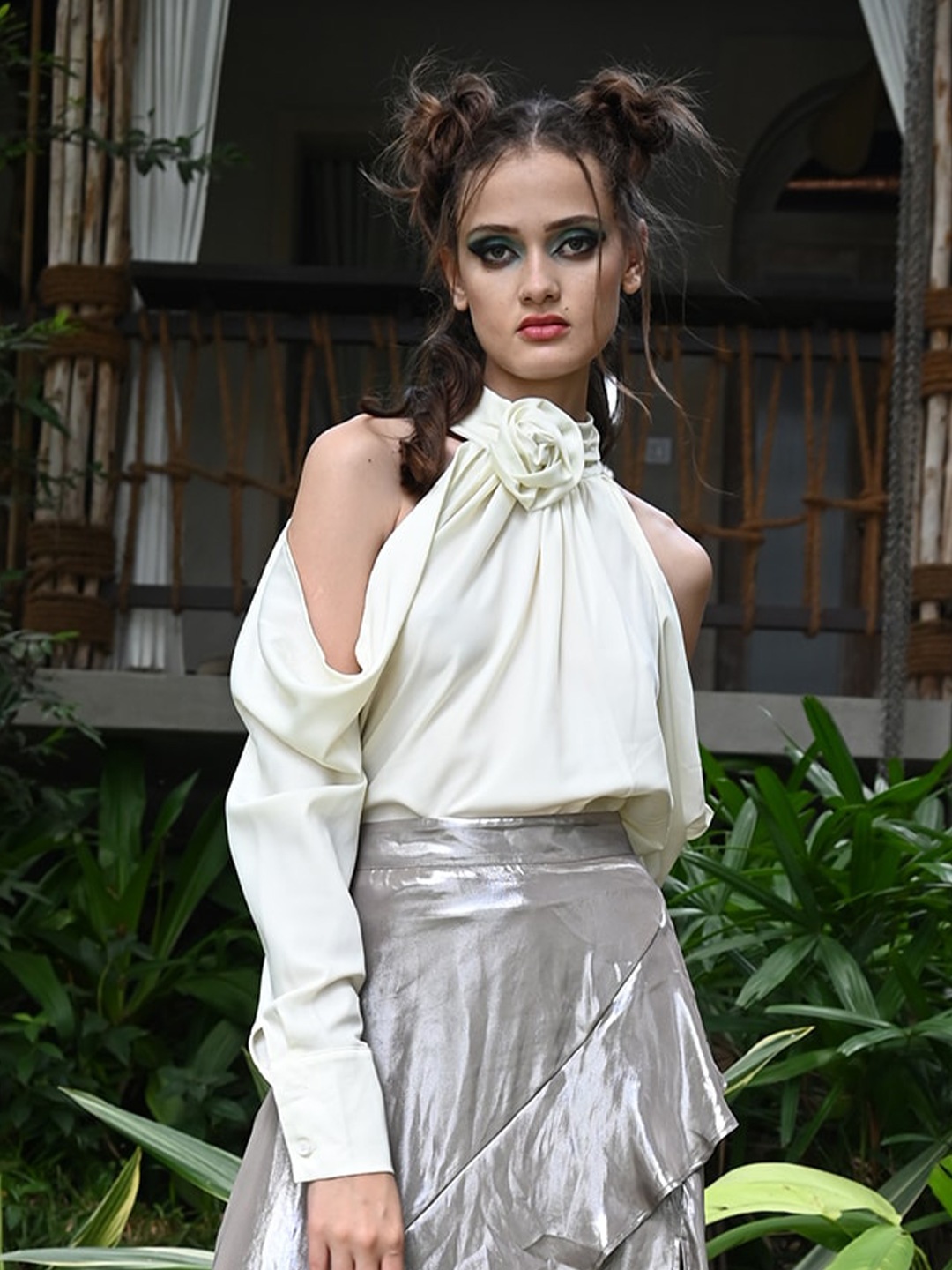 

ODETTE Halter Neck Cold-Shoulder Sleeves Gathered Detailed Satin Top, White