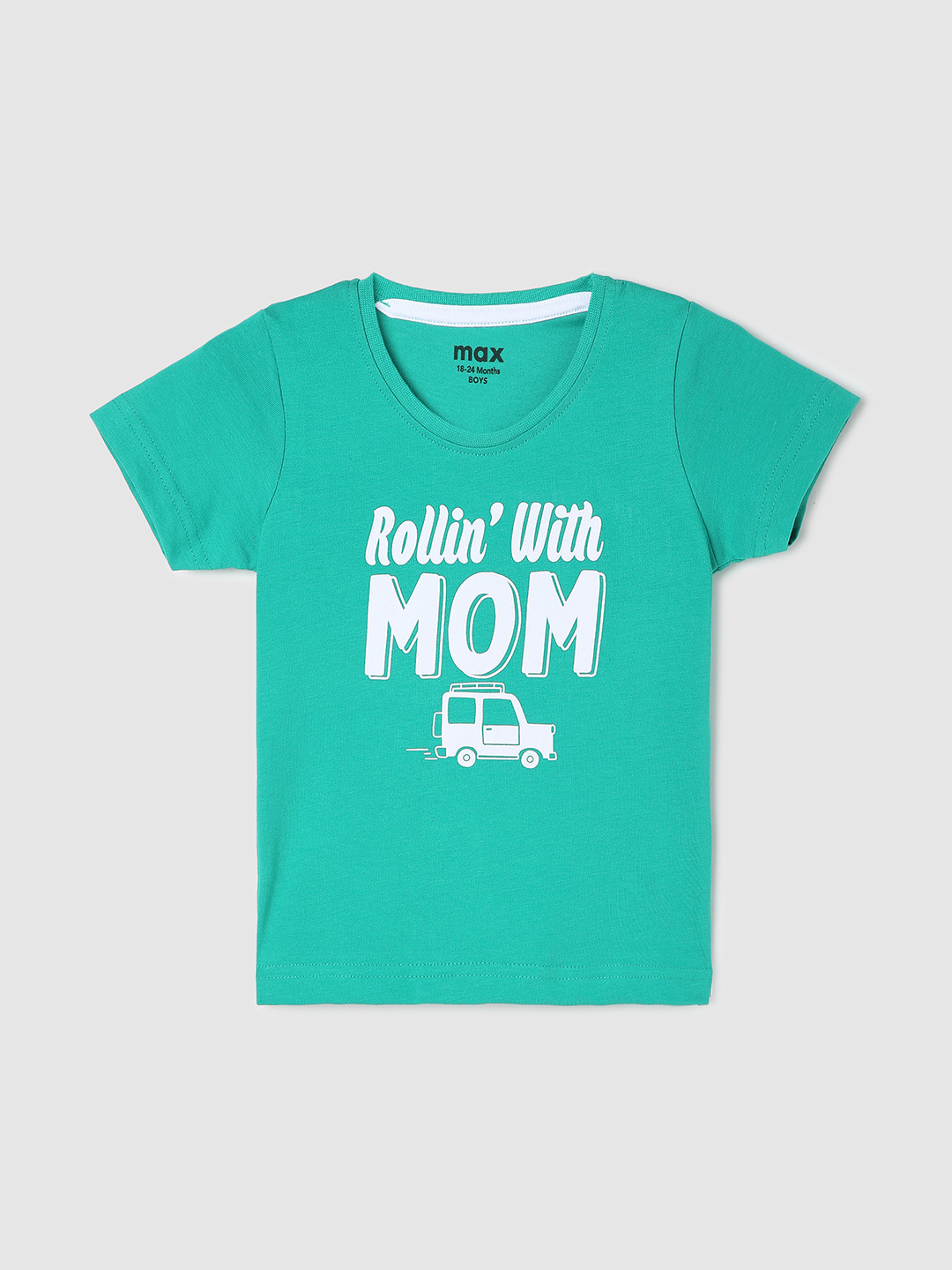 

max Boys Green Printed Mandarin Collar Applique T-shirt