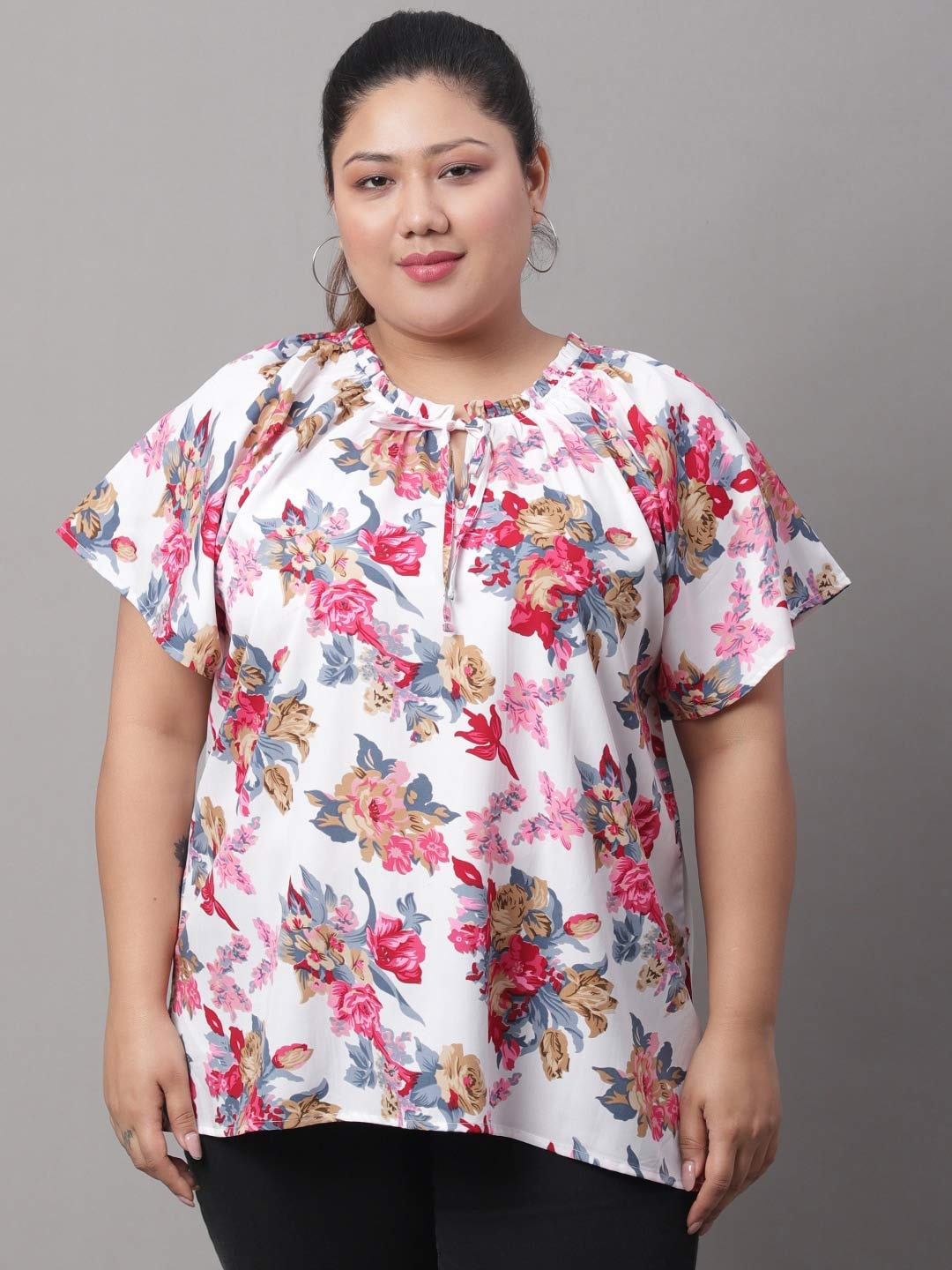 

Rute Plus Size Floral Printed Tie-Up Neck Flared Sleeves Cotton Top, White