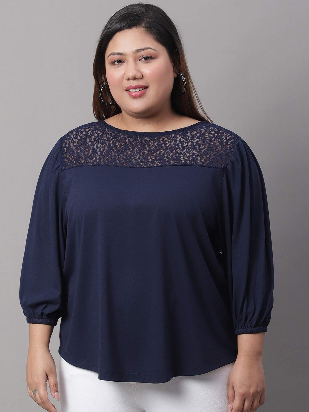 

Rute Plus Size Puffed Sleeves Lace Inserts Cotton Top, Navy blue