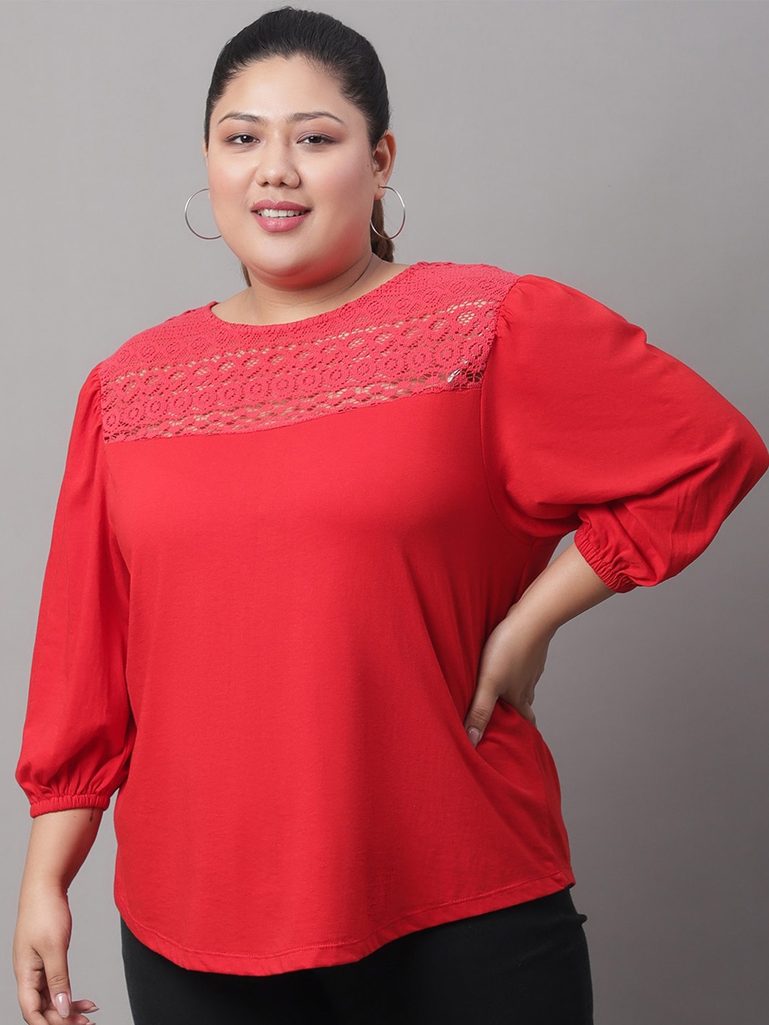 

Rute Plus Size Laced Puff Sleeve Cotton Top, Red