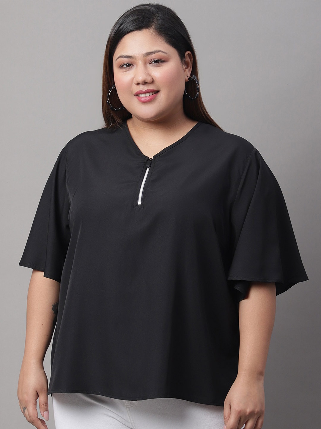 

Rute Plus Size Flared Sleeve V-Neck Cotton Top, Black