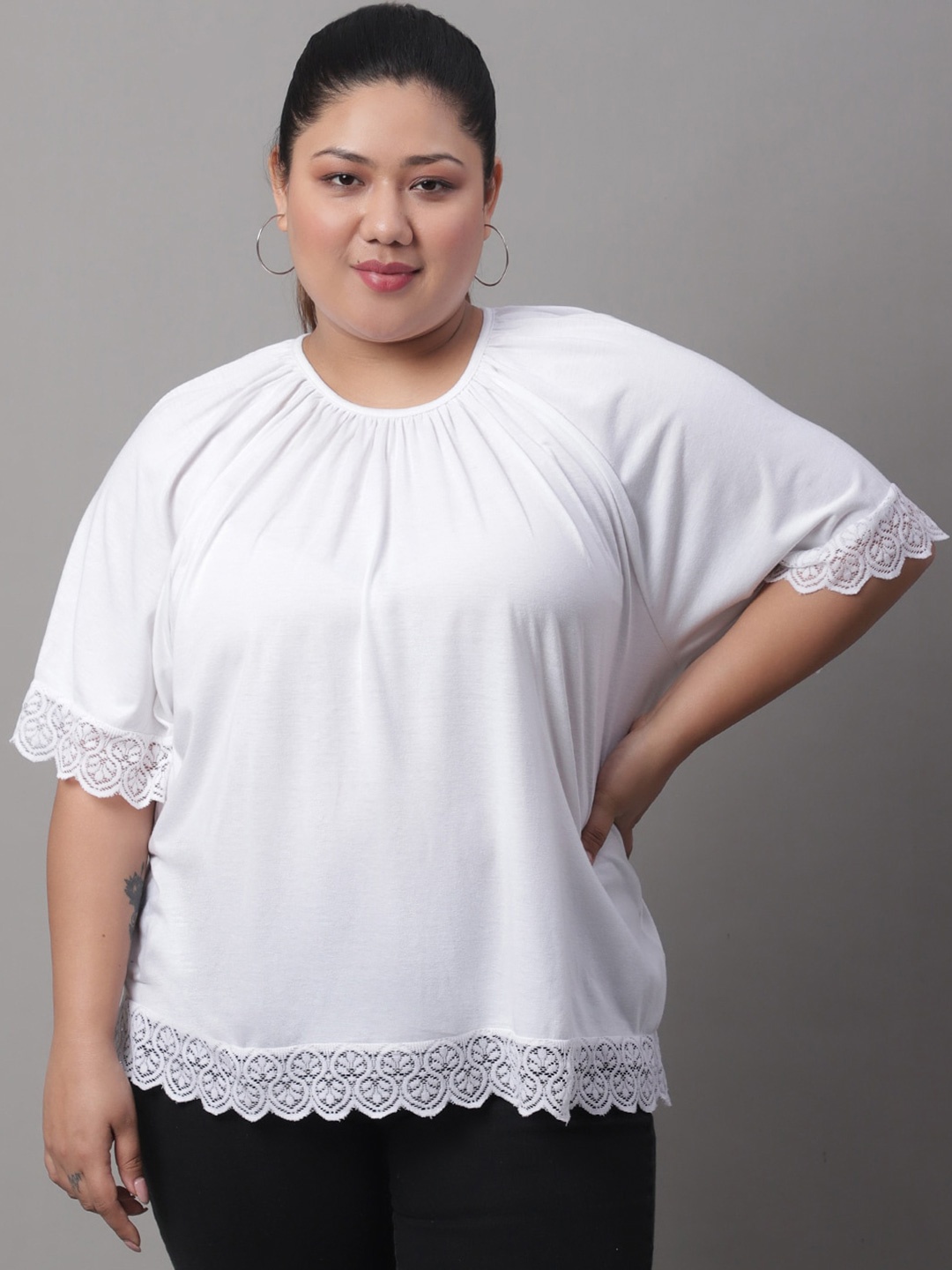 

Rute Plus Size Round Neck Cotton Regular Top, White