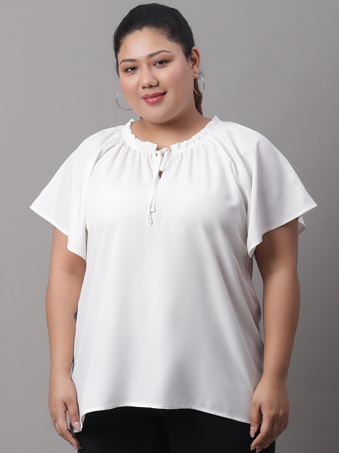 

Rute Plus Size Tie-Up Neck Raglan Sleeves Cotton Top, White