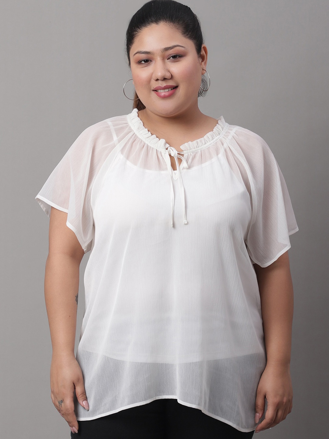 

Rute Plus Size Tie-Up Neck Semi Sheer Raglan Sleeves Cotton Top, White