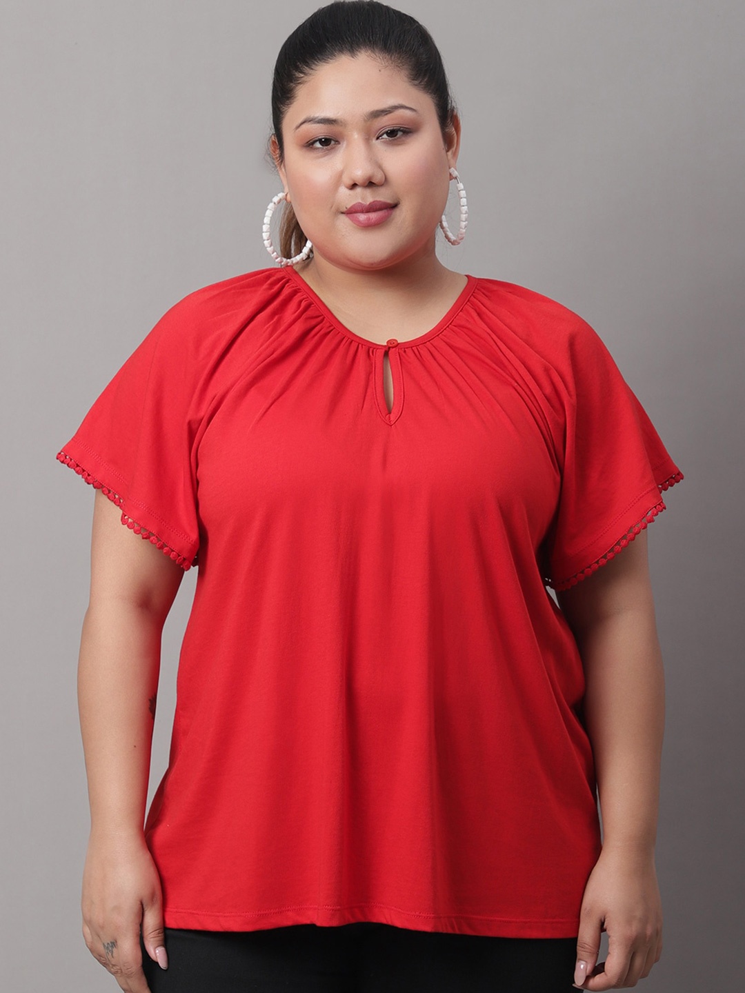 

Rute Plus Size Keyhole Neck Raglan Sleeves Cotton Top, Red