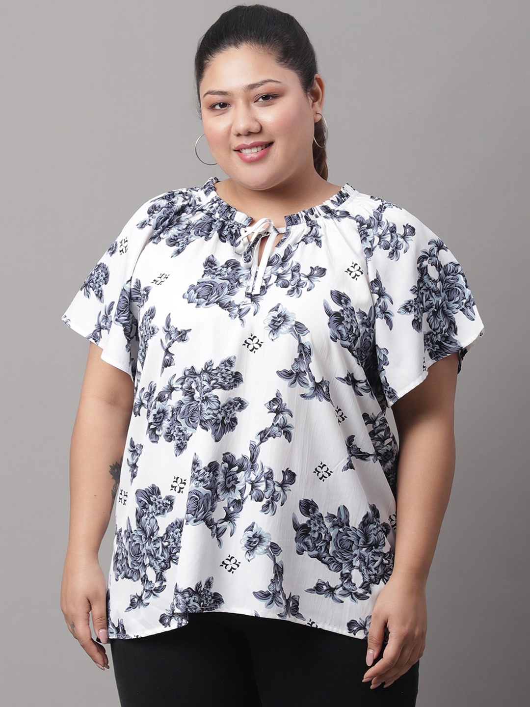 

Rute Plus Size Floral Printed Tie-Up Neck Flared Sleeves Cotton A-Line Top, White