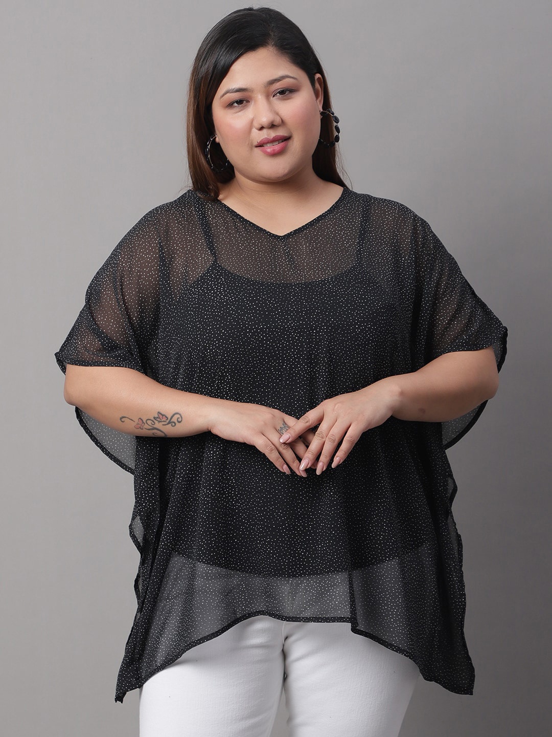

Rute Plus Size V Neck Cotton Kaftan Top, Black