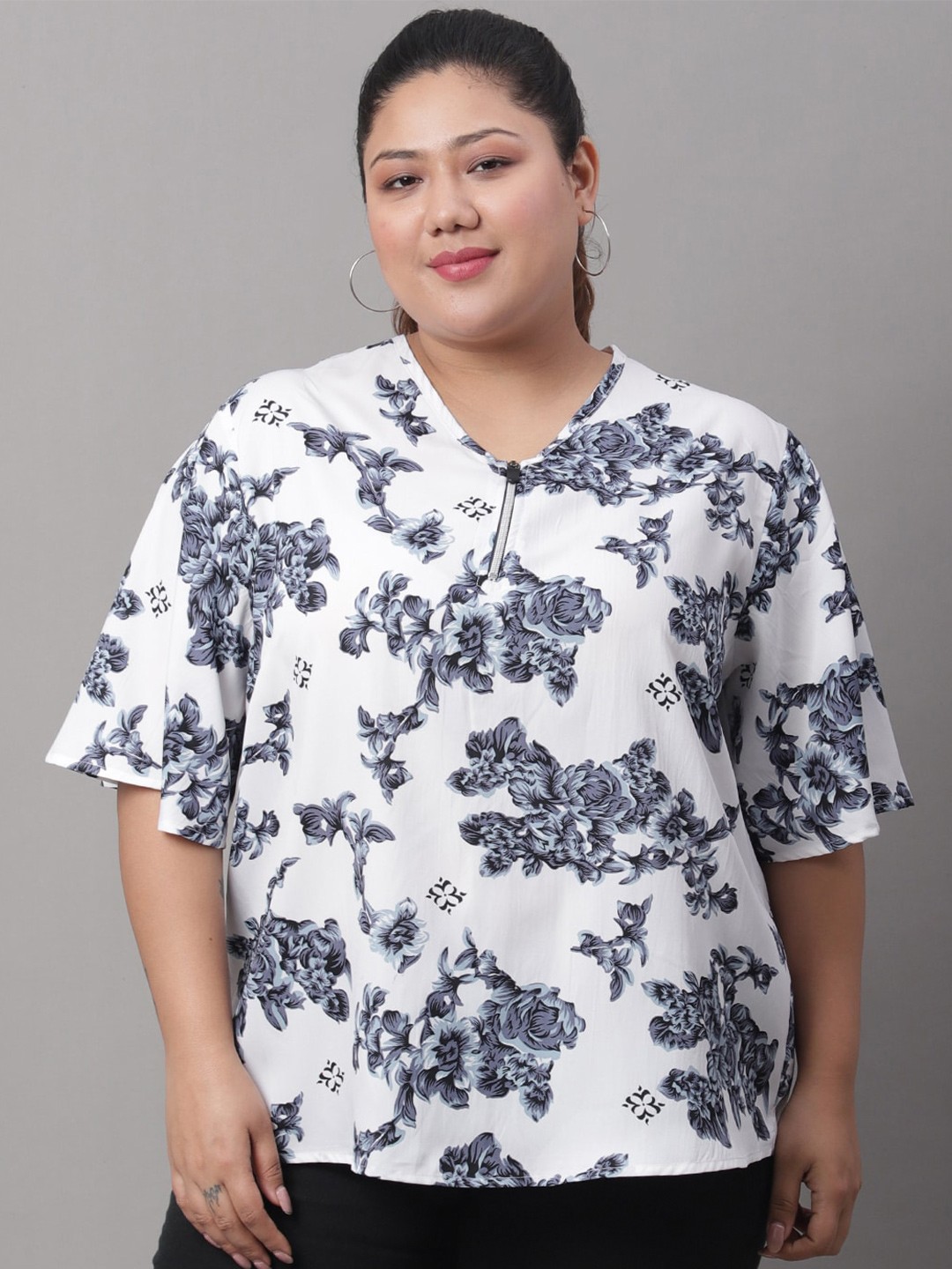 

Rute Plus Size Floral Printed Flared Sleeves Cotton Top, White