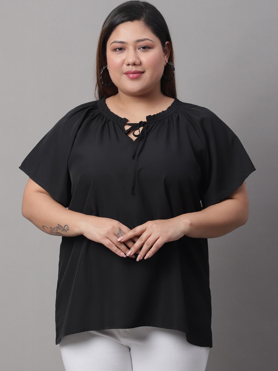 

Rute Plus Size Tie Up Neck Cotton Regular Top, Black
