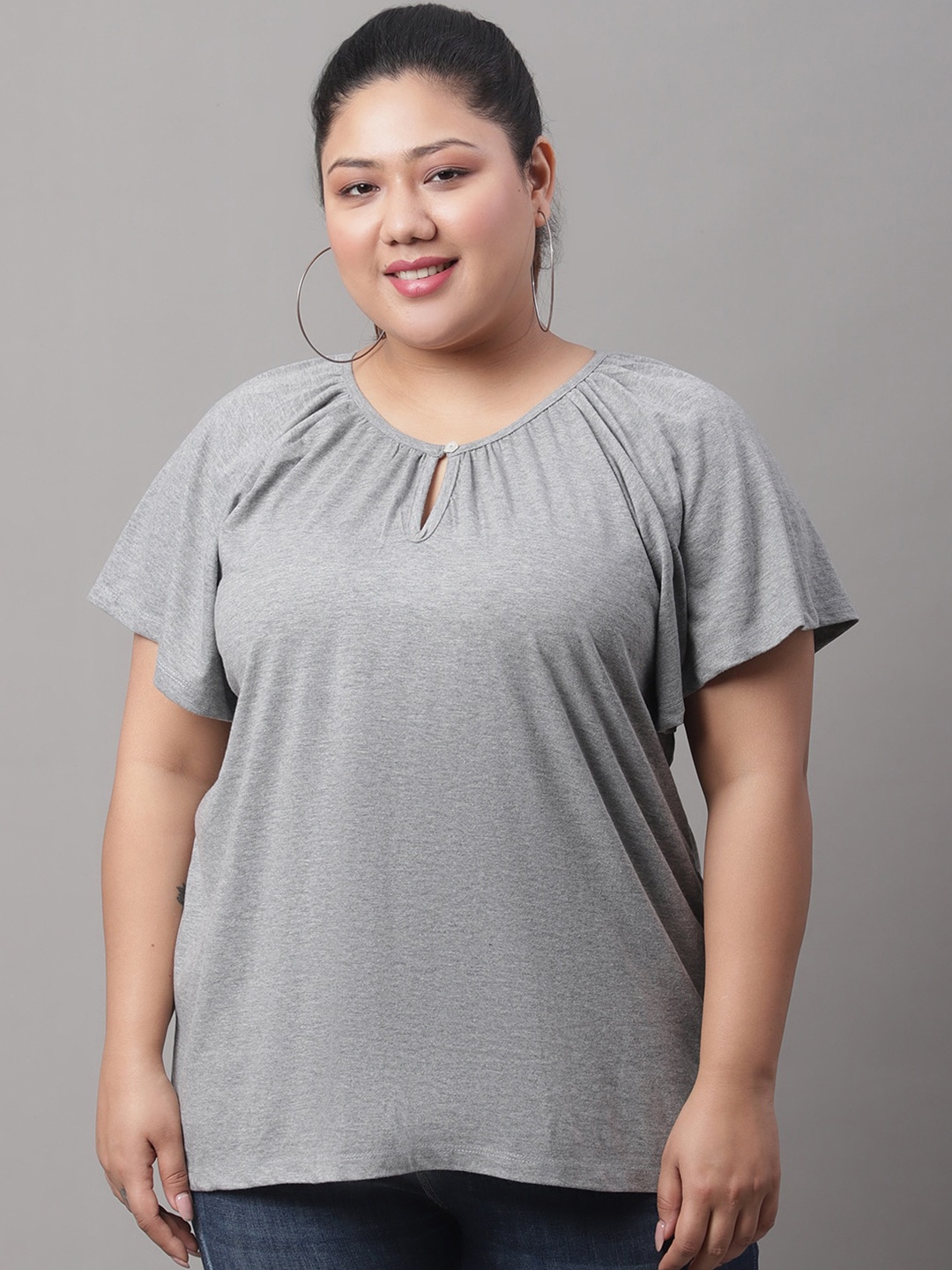 

Rute Plus Size Keyhole Neck Raglan Sleeves Cotton Top, Grey