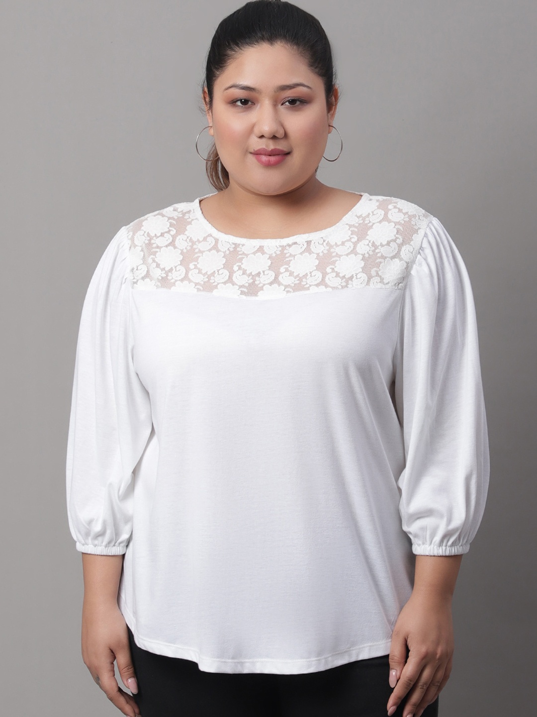 

Rute Plus Size Laced Puff Sleeve Cotton Top, White