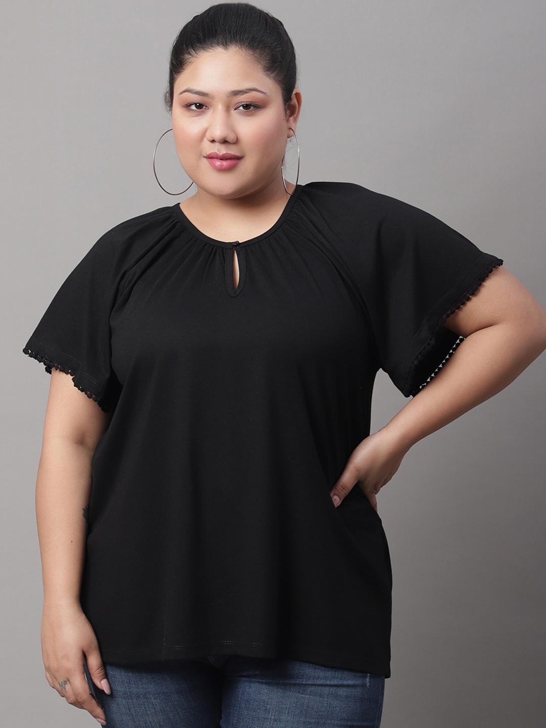 

Rute Plus Size Keyhole Neck Cotton Top, Black