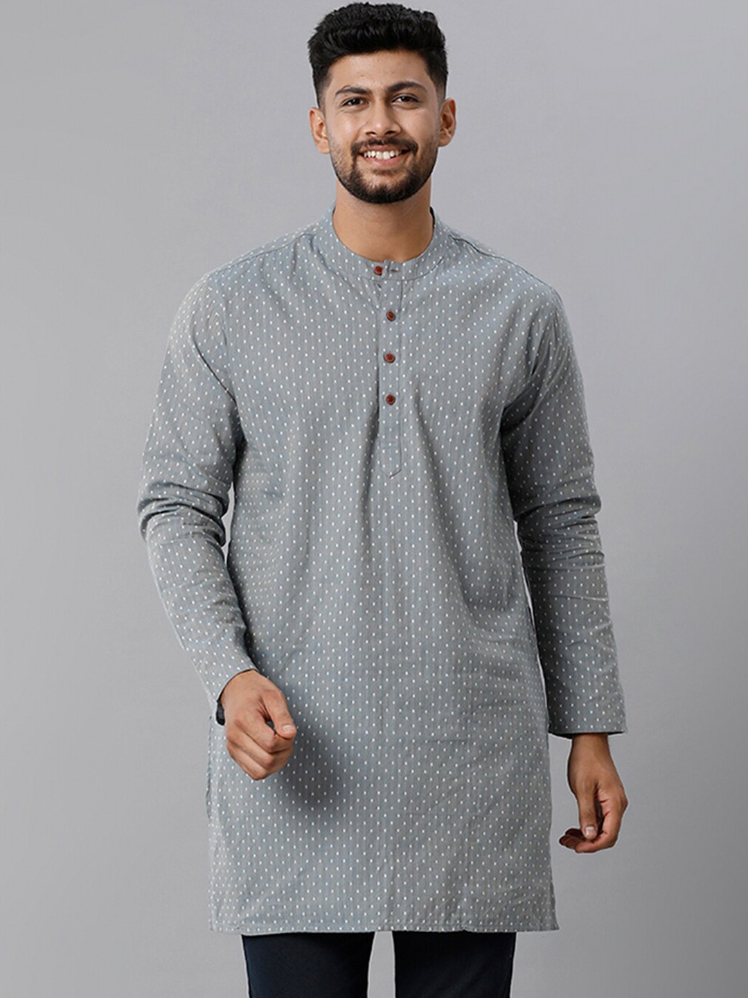 

Ramraj Polka Dots Printed Band Collar Straight Kurta, Grey