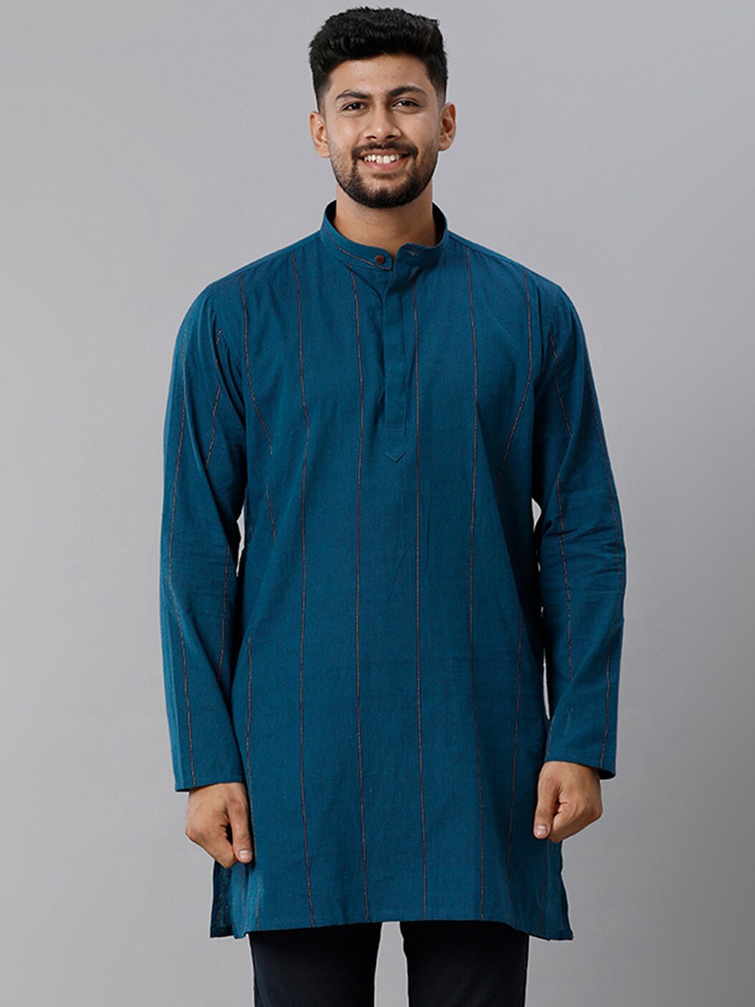 

Ramraj Striped Band Collar Straight Kurta, Teal