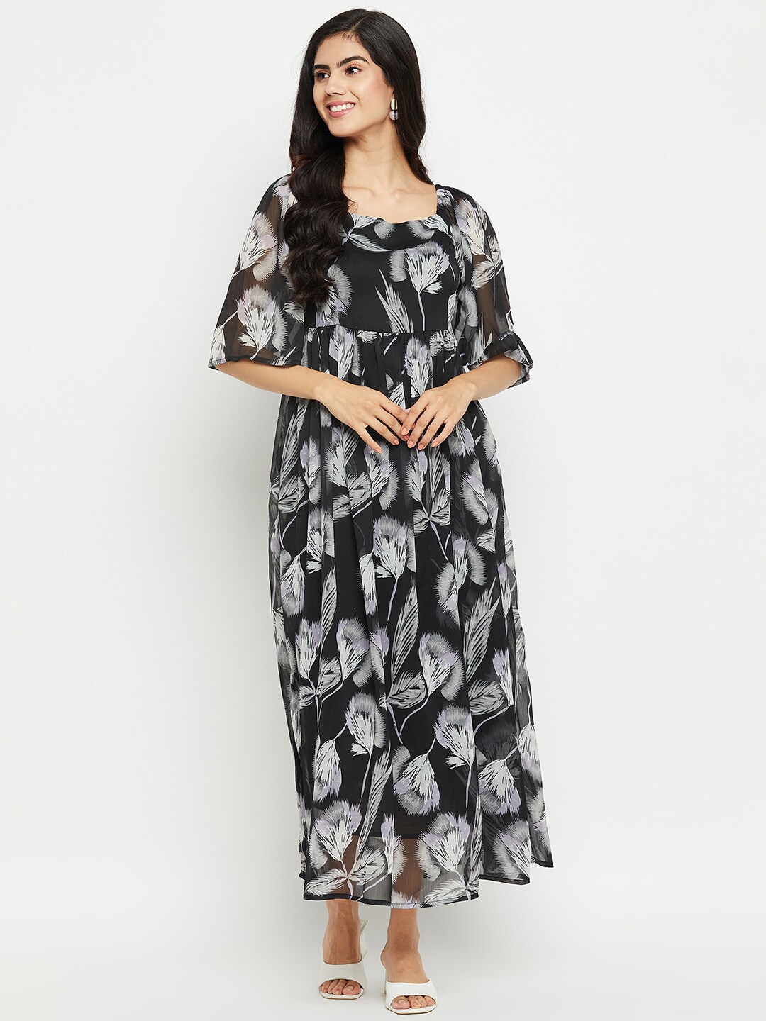 

Ruhaans Floral Printed Georgette Maxi Dress, Black