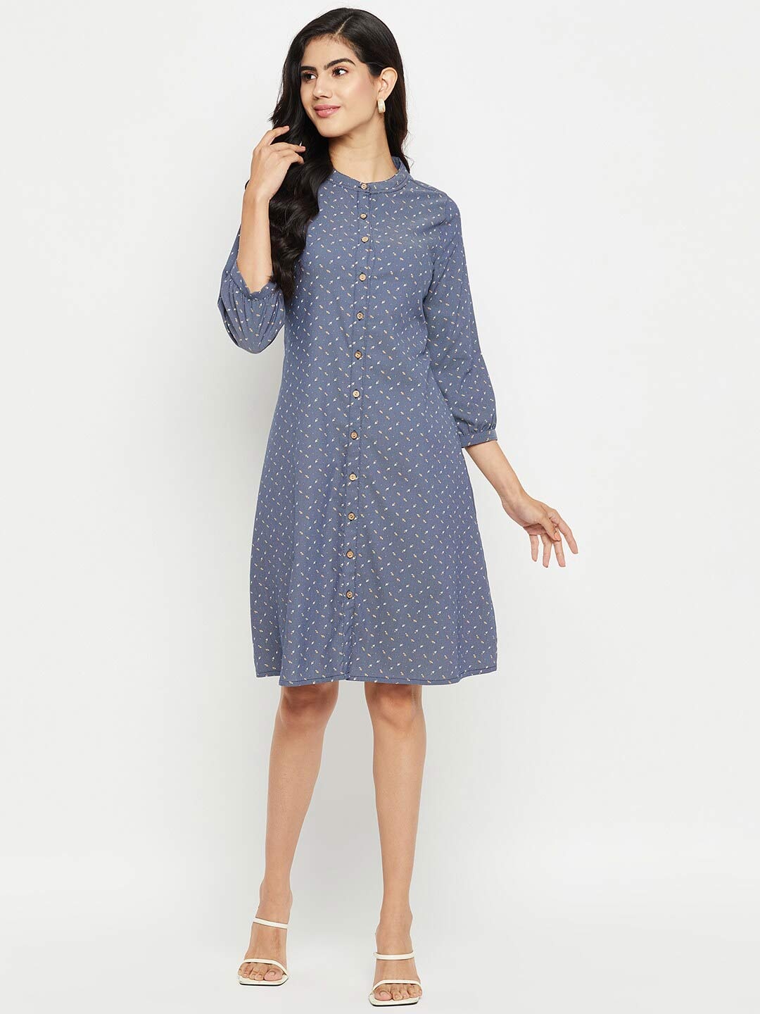 

Ruhaans Printed Mandarin Collar Cotton Shit Style Dress, Blue