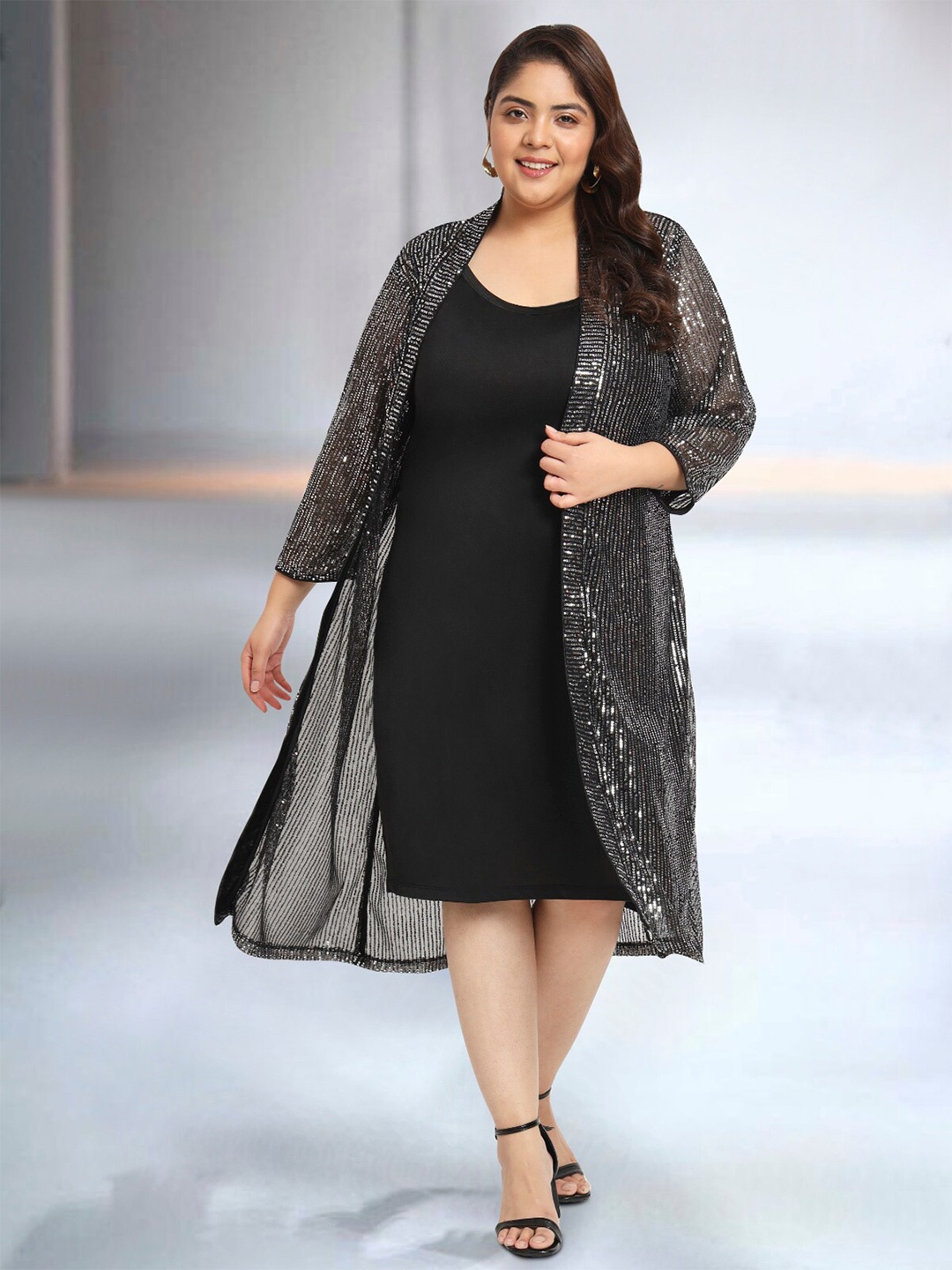 

wild U Plus Size Sequined A-Line Dress With Shrug, Black