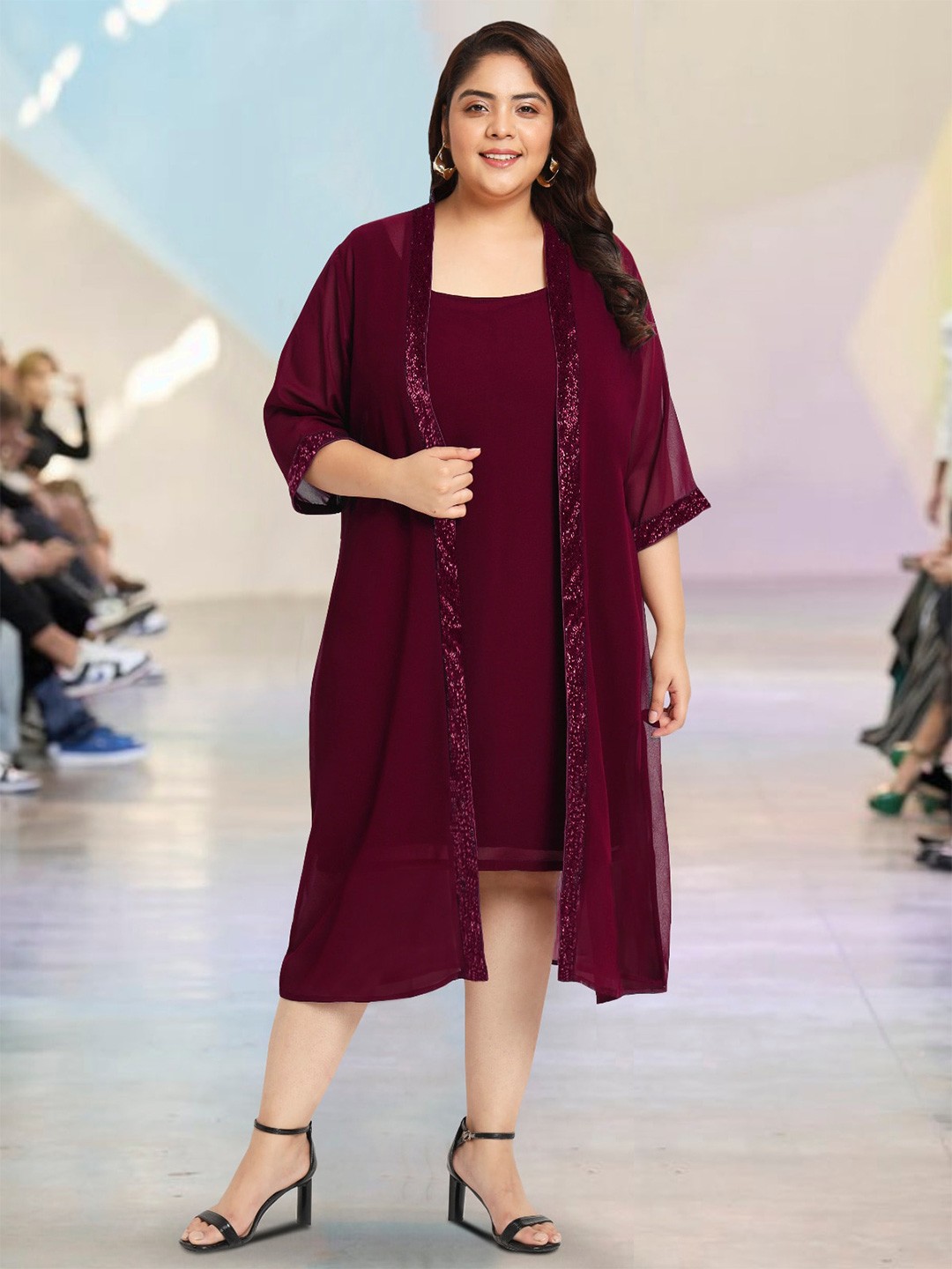 

wild U Plus Size Sequined Georgette A-Line Dress With Shrug, Fuchsia