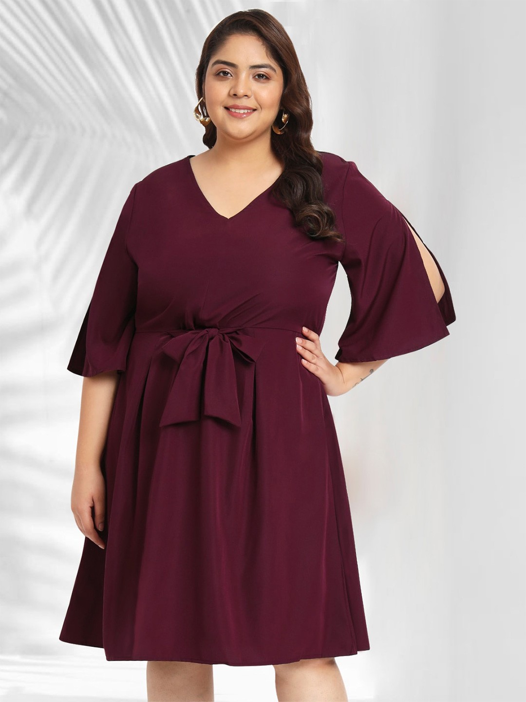 

wild U Plus Size Flared Sleeves Tie-Ups Fit & Flare Dress, Maroon