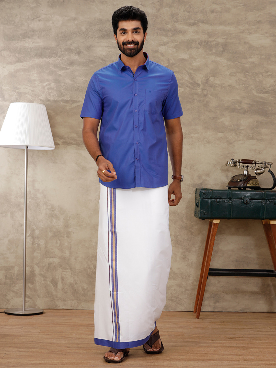 

Ramraj Shirt Collar Ethnic Shirt with Veshti, Blue