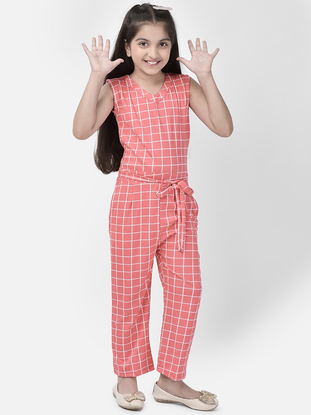 

Elendra jeans Girls Checked V-Neck Sleeveless Waist Tie-Ups Basic Jumpsuit, Pink