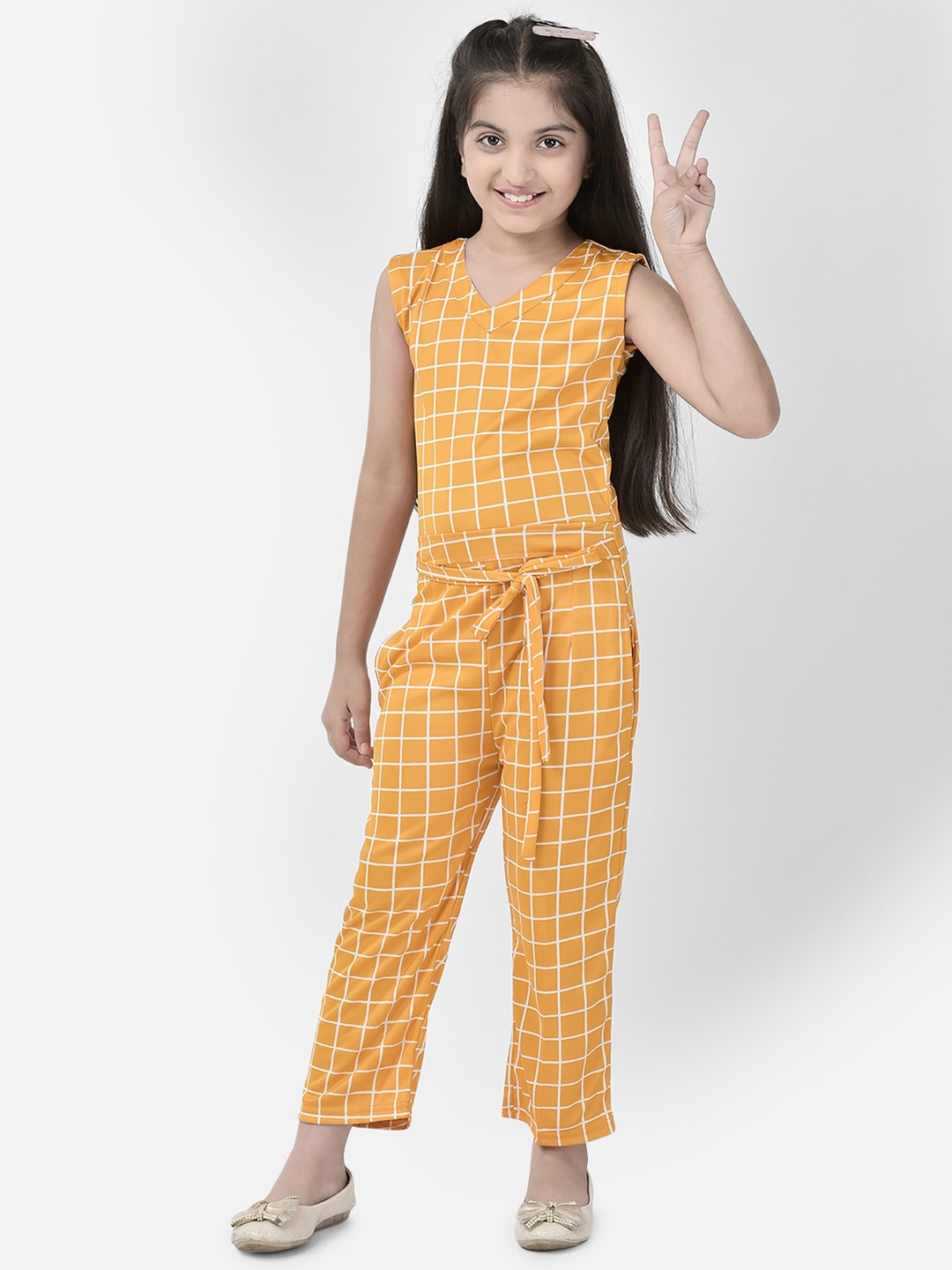 

Elendra jeans Girls Checked V-Neck Sleeveless Waist Tie-Ups Basic Jumpsuit, Yellow