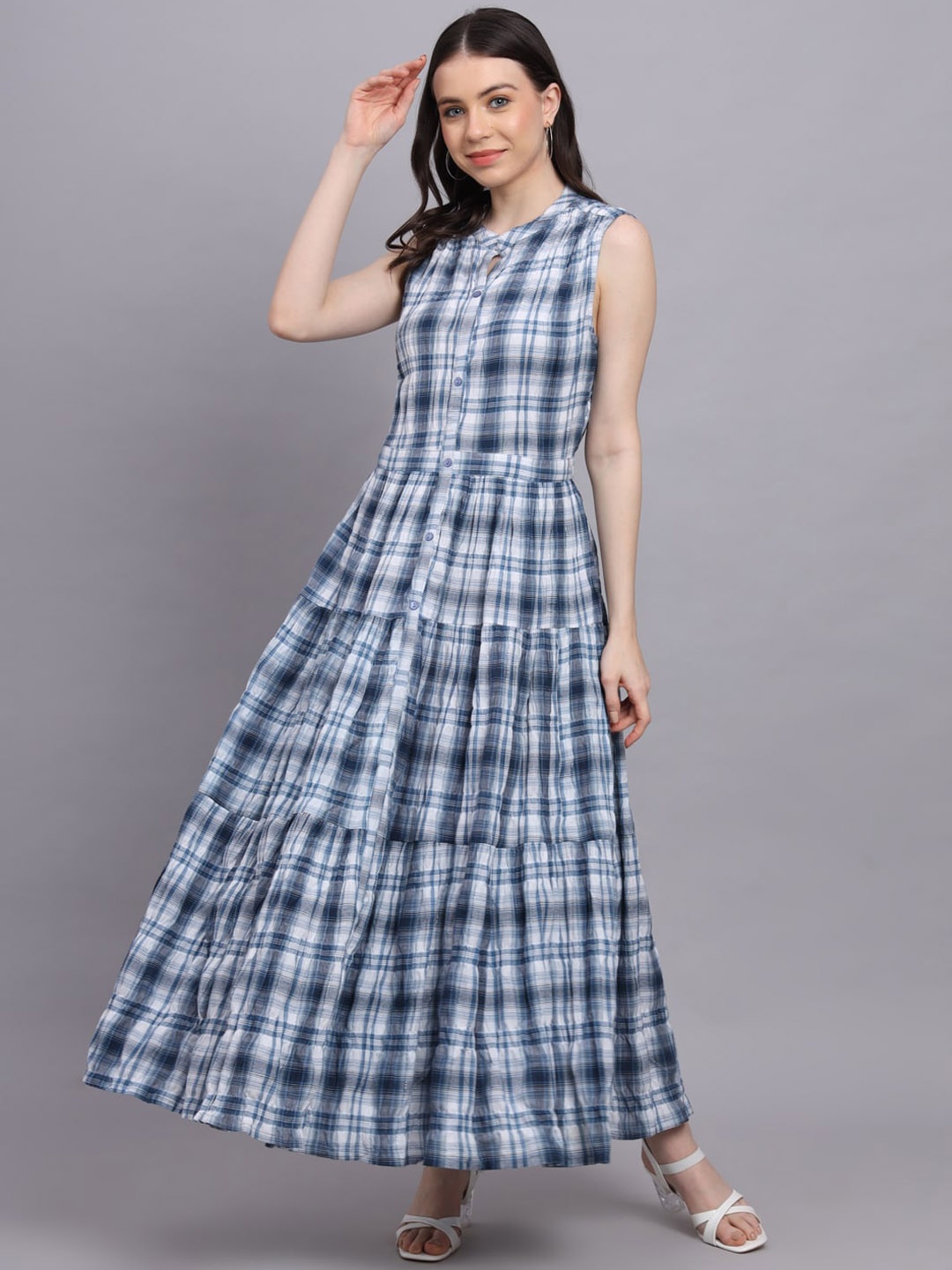 

HERE&NOW Blue Checked Cotton Maxi Dress