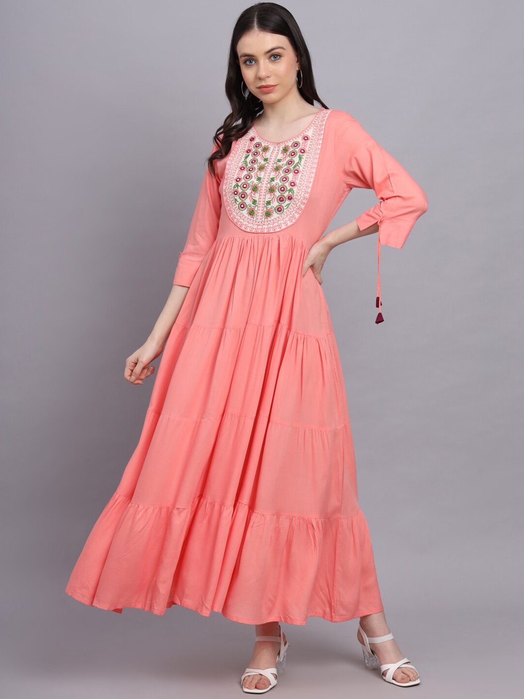 

HERE&NOW Peach-Coloured Floral Embroidered Maxi Ethnic Dress