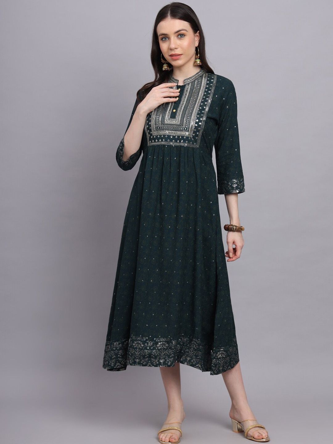 

HERE&NOW Green Embellished Sequinned Fit & Flare Midi Ethnic Dress