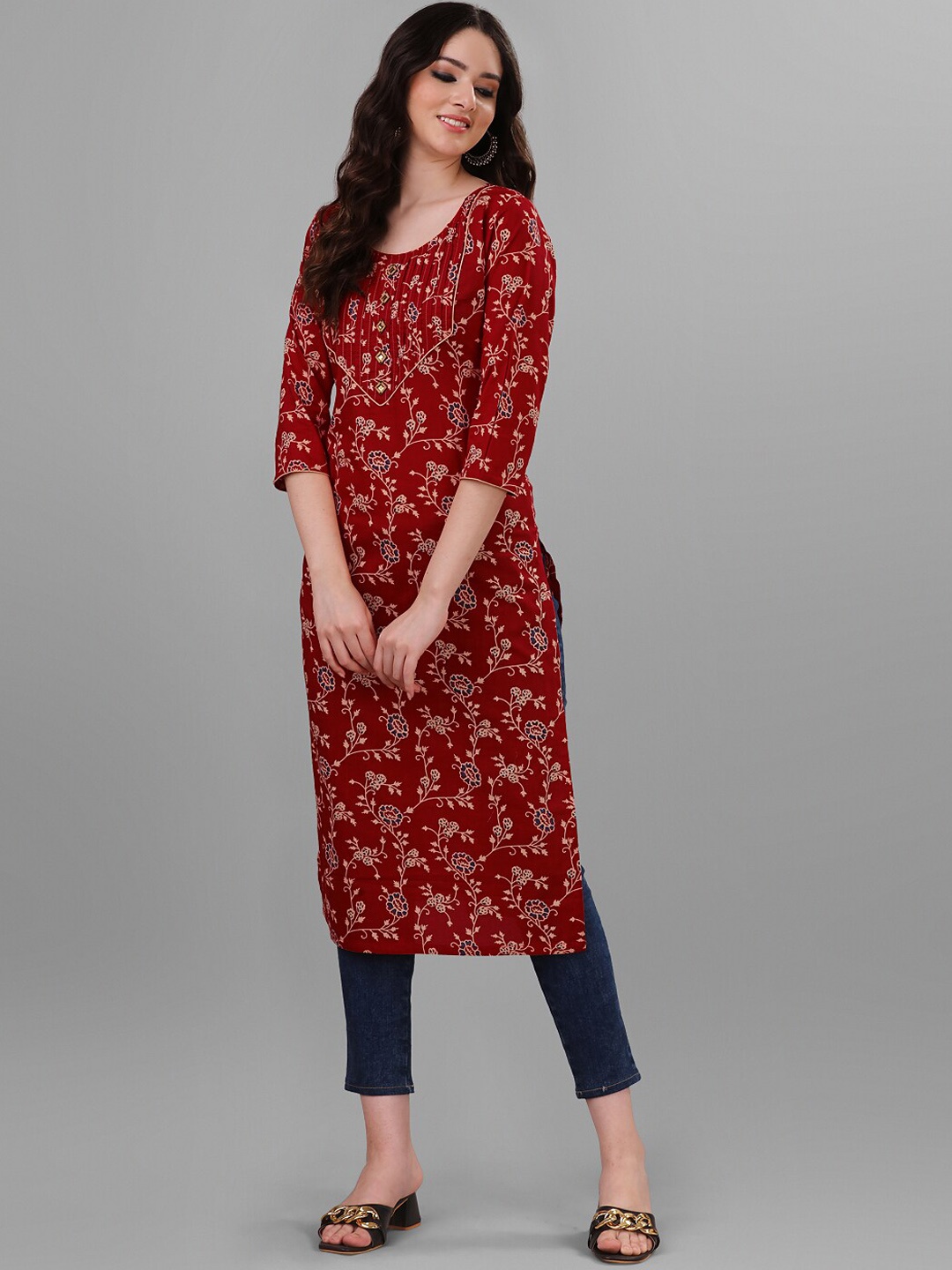 

WEAVLLITE Floral Printed Pure Cotton Straight Kurta, Red