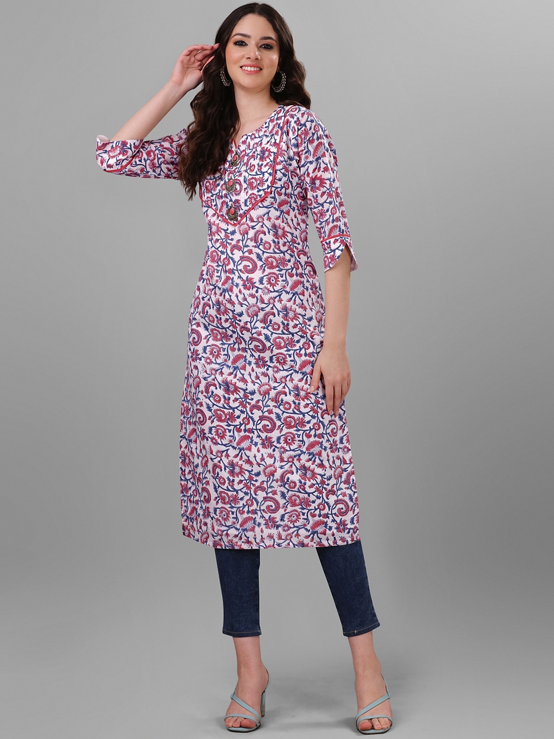 

WEAVLLITE Floral Printed Pure Cotton Kurta, White