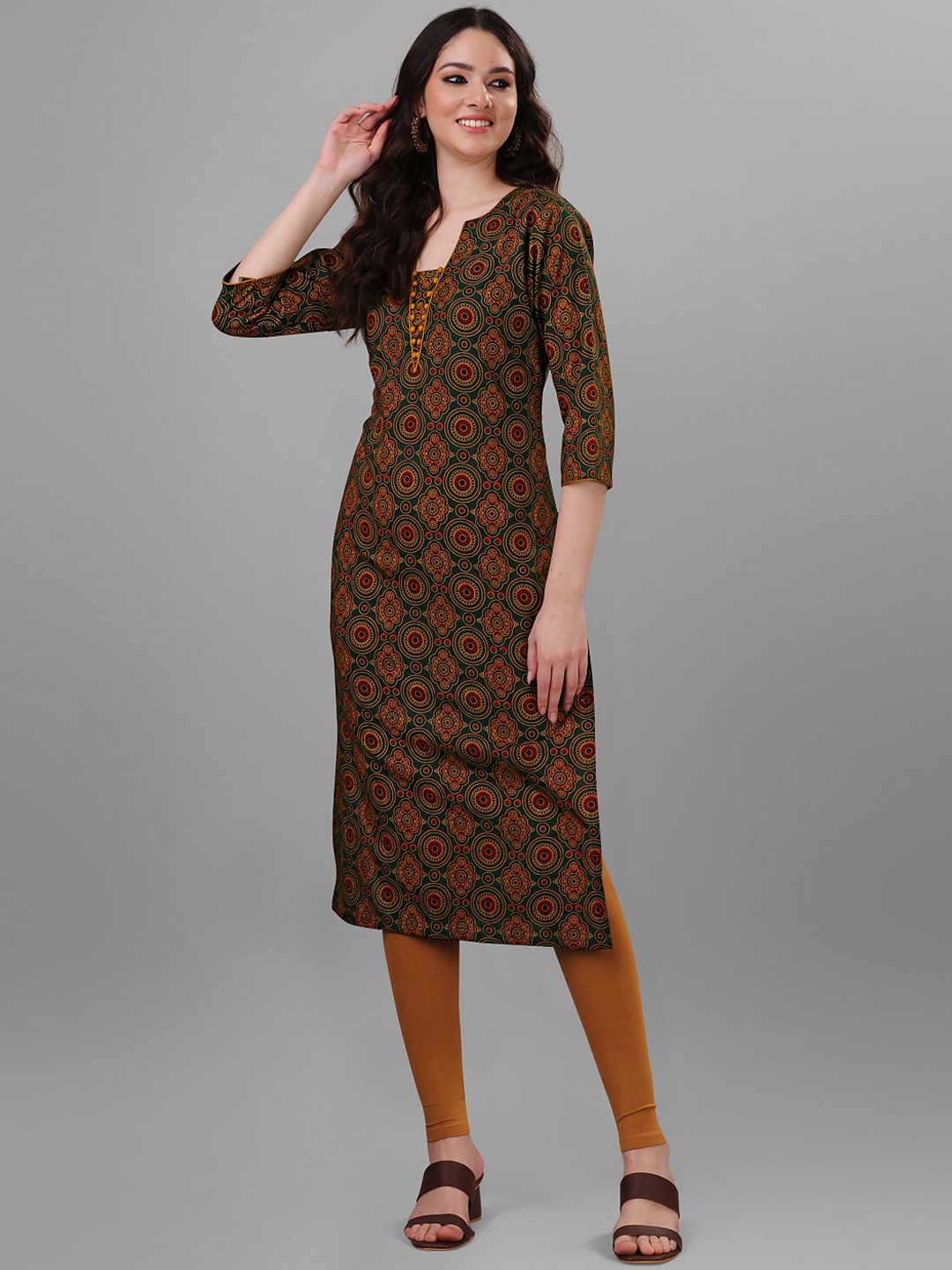 

WEAVLLITE Ethnic Motifs Printed Block Printed Pure Cotton Straight Kurta, Green