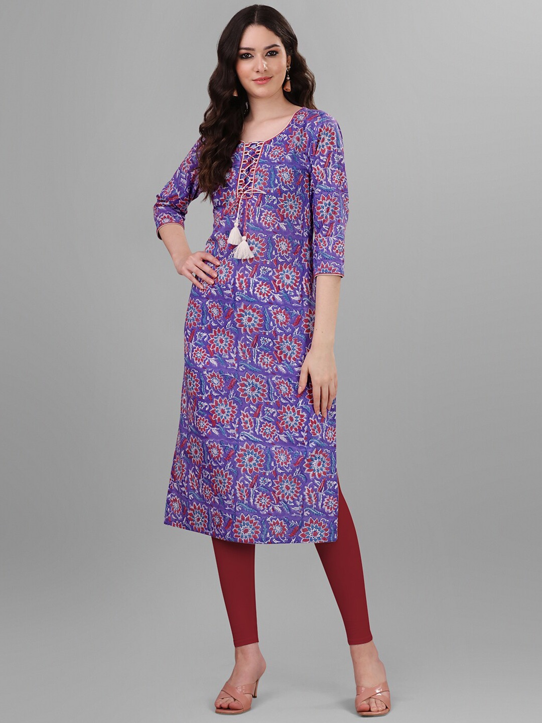 

WEAVLLITE Ethnic Printed Block Print Pure Cotton Straight Kurta, Purple