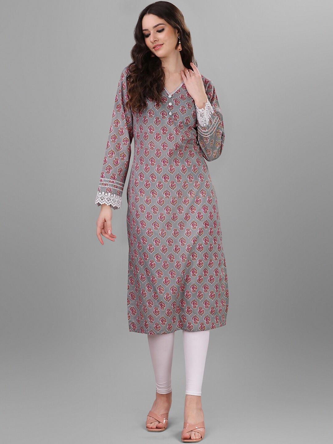 

WEAVLLITE Ethnic Motifs Printed Straight Kurta, Grey