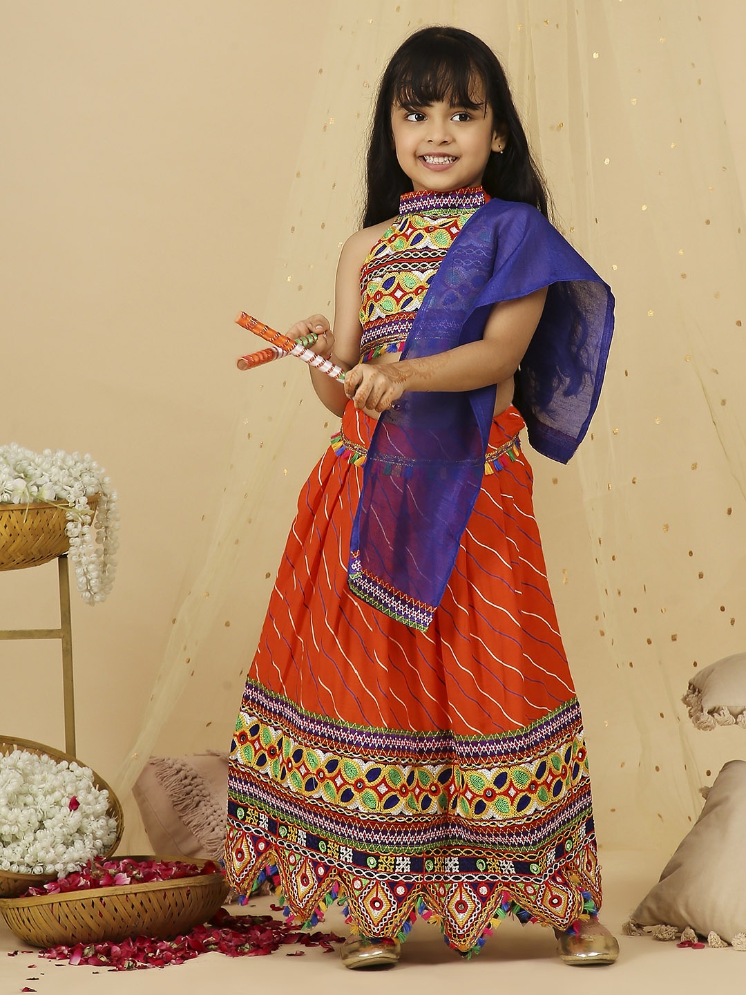 

KID1 Girls Embroidered Thread Work Ready to Wear Lehenga & Blouse With Dupatta, Orange