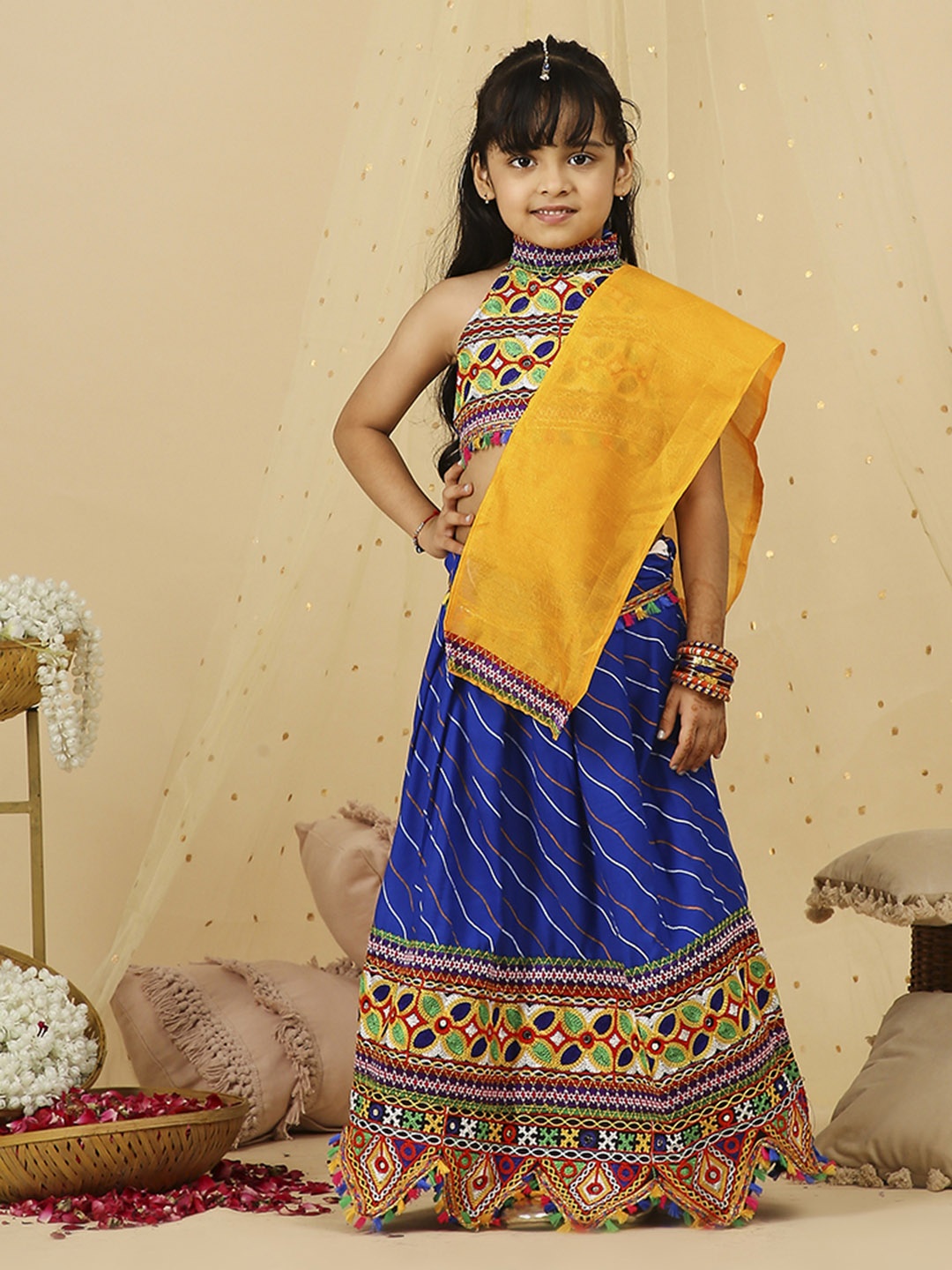 

KID1 Girls Embroidered Mirror Work Ready to Wear Lehenga & Blouse With Dupatta, Blue
