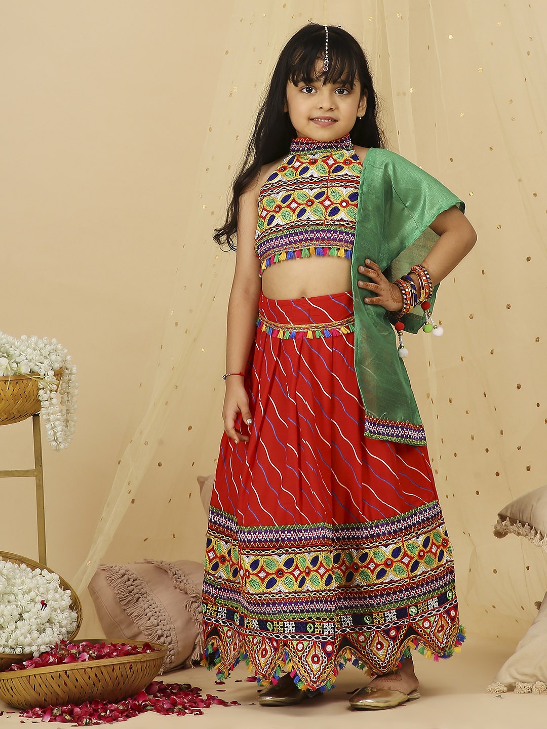 

KID1 Girls Embroidered Mirror Work Ready to Wear Lehenga & Blouse With Dupatta, Red